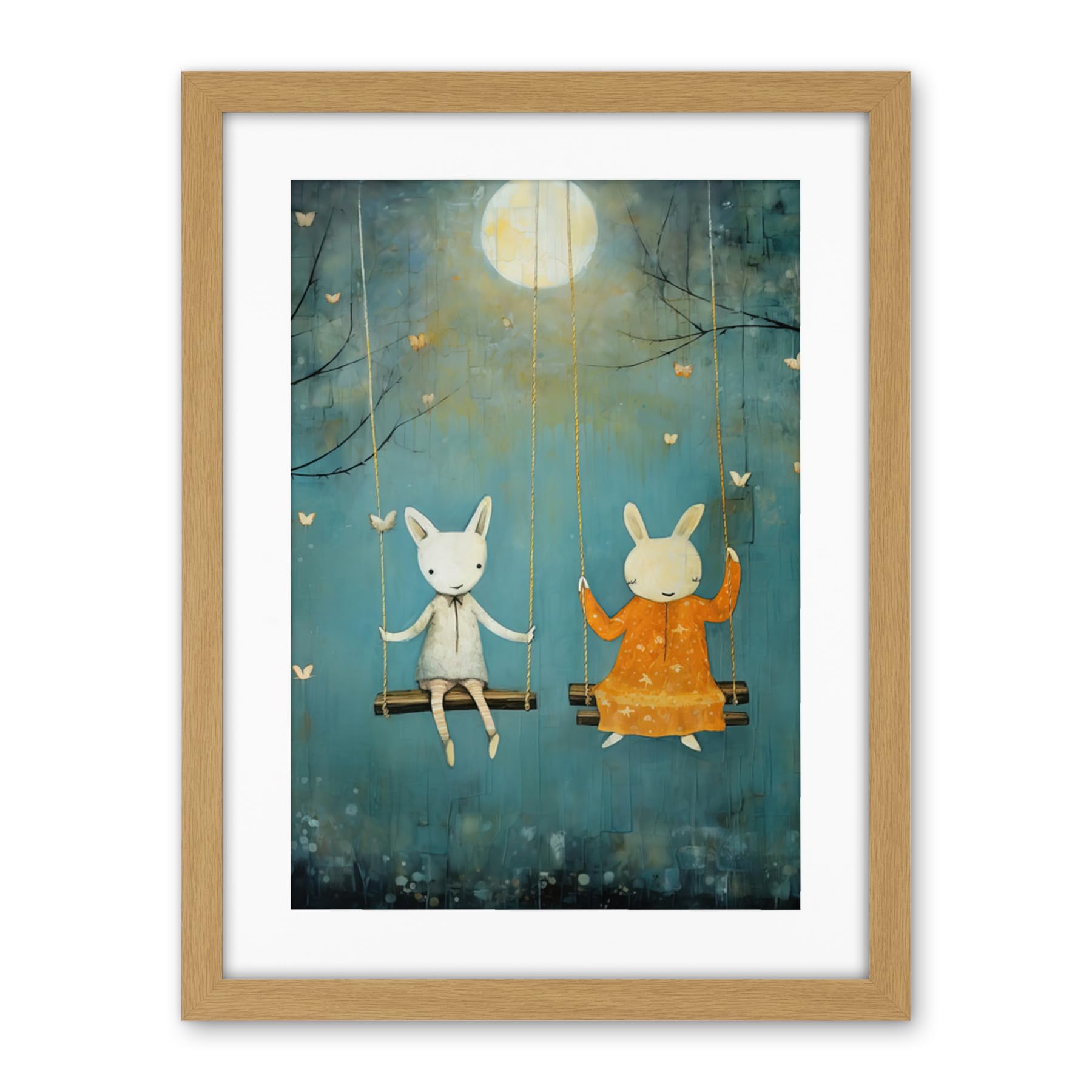 Artery8 Rabbits on a Swing with Moonlit Butterflies Calming Baby Nursery Artwork Framed Wall Art Print 18X24 Inch