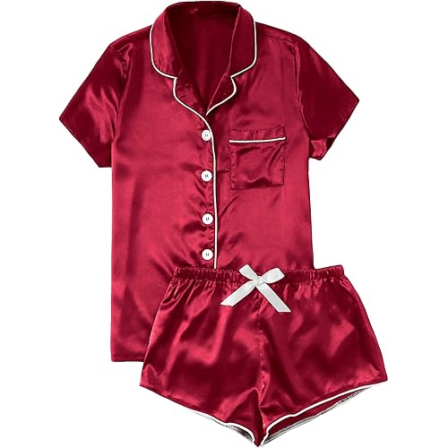 WDIRARA Women's Sleepwear Satin Short Sleeve Button Shirt and Shorts Pajama Set