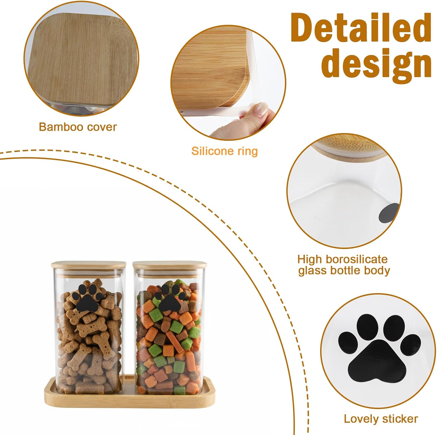 37oz Dog Treat Container Set of 2, Glass Dog Treat Jars for Kitchen Counter with Airtight Bamboo Lids, Small Pet Treat Canister,Puppy Food Bin for Kitchen Counter,Freshness Seal-Clear image 4