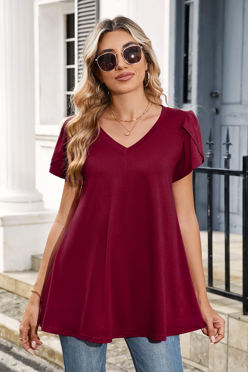 Enmain Camiseta Mujer Manga Corta Blusa Cuello en V Más Tamaño Túnica Túnica Tops Elegante Tulipán Manga Swing Tops