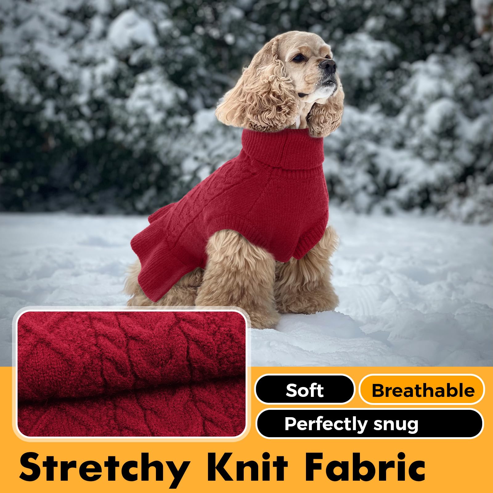 Lelepet Chandail de Noël à col roulé pour chien, en tricot torsadé – Robe chaude pour chiens de petite, moyenne et grande taille – Vêtement d'automne – Chihuahua, taille XS – Rouge