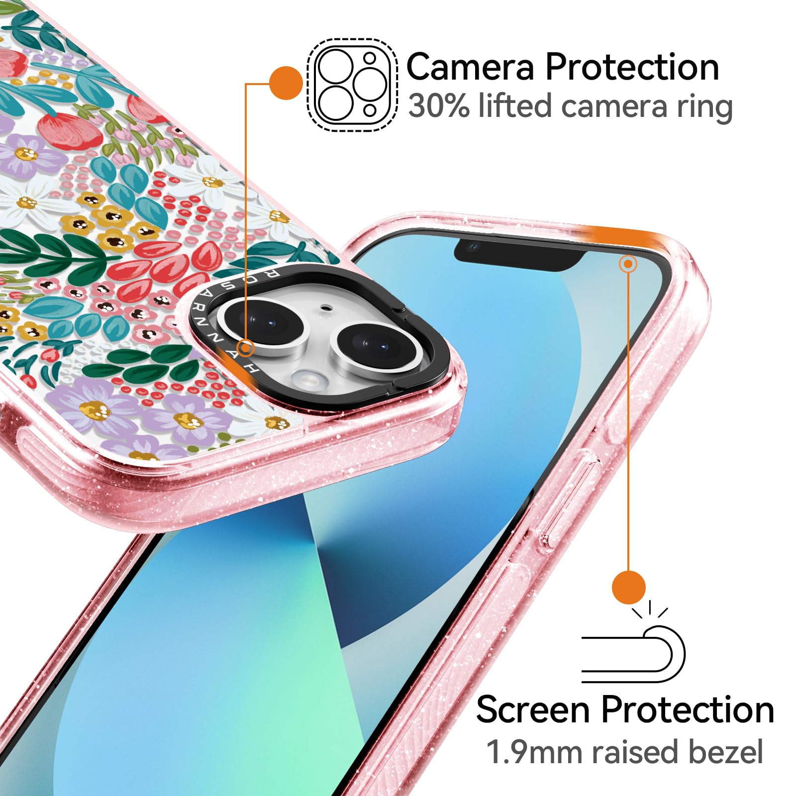 Rosarnnah for iPhone 14 Pro Case Cute - Durable Shockproof 6.6 ft Drop Impact Phone Case - Funny Skeleton Design (6.1") Glitter Pink: iPhone 13 Basic Case Gorgeous Floral