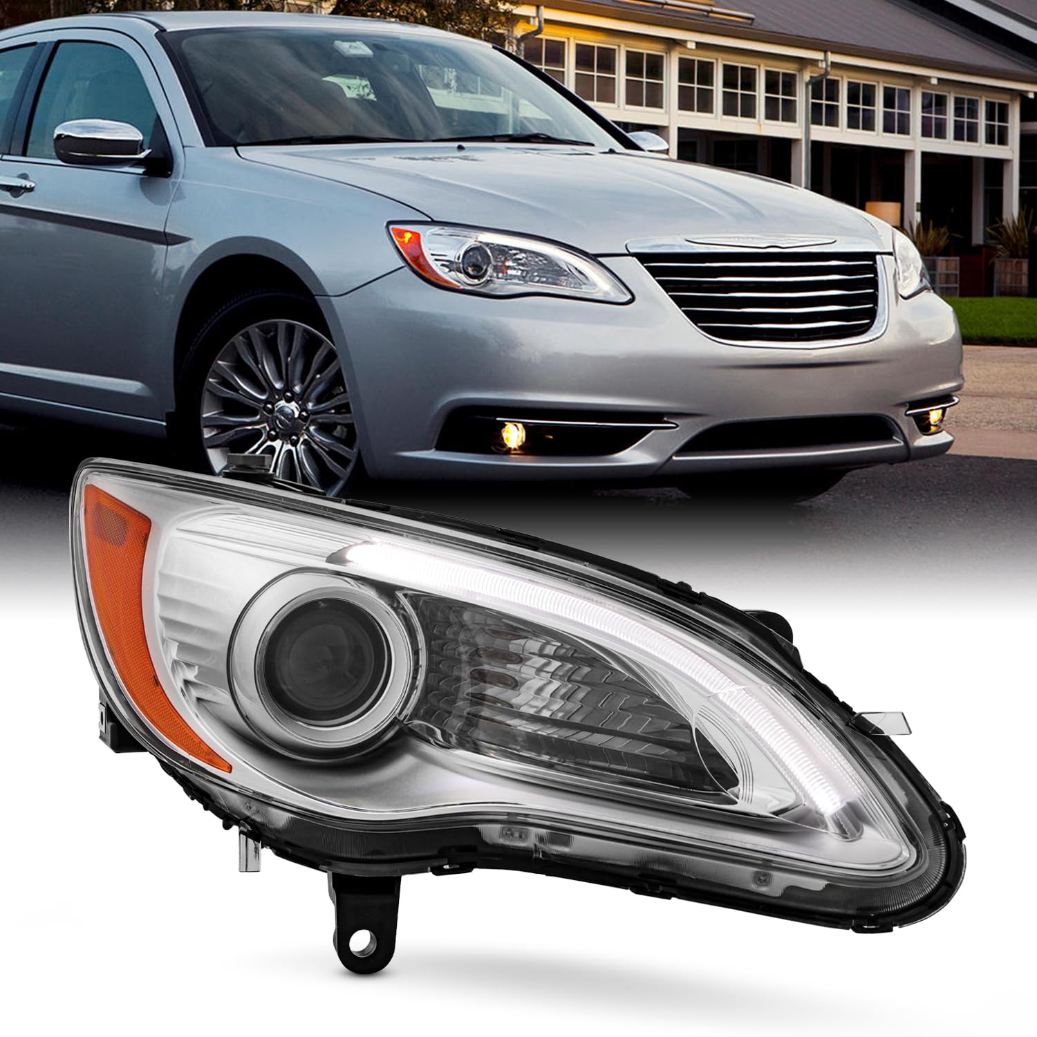 AKKON Projector Chrome Headlight Right Passenger Side w/ LED DRL