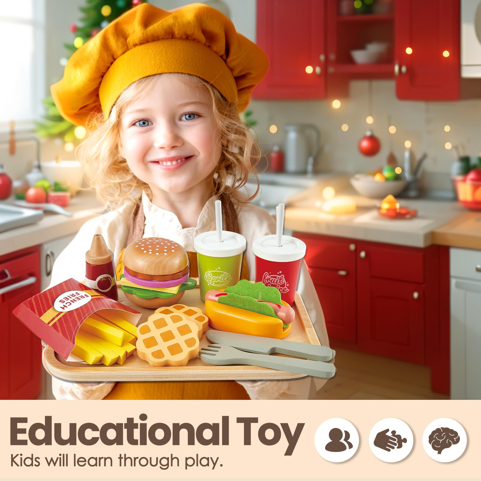 BUYGER Giochi Cucina Legno Giocattoli per Bambini 3 + Anni, Hamburger Hotdog Cibo Finto Giocattoli, Accessori Cucina Bambini, Regalo Compleanno per Ragazzo Ragazza 3 4 5 Anni