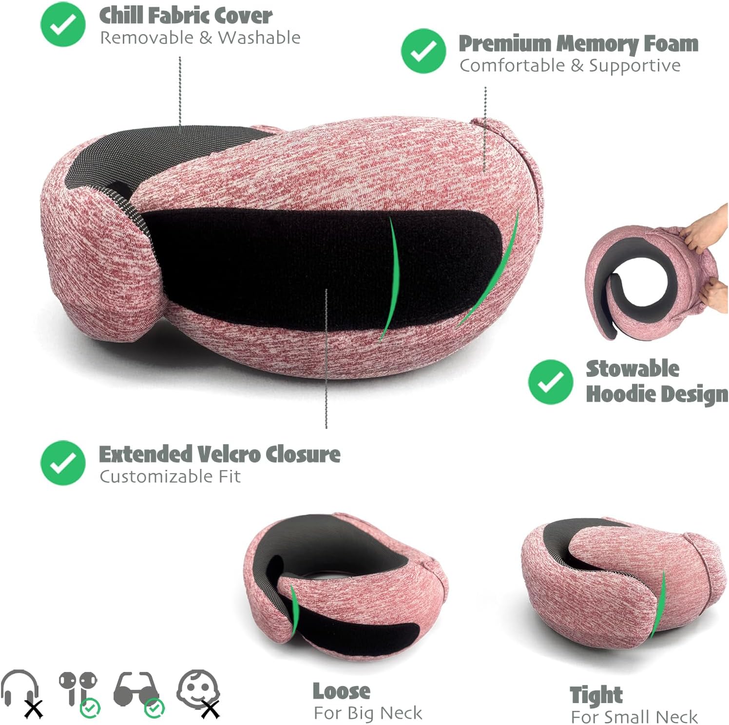 2025 Travel Neck Pillow with Stowable Hood,Ergonomic Neck Pillow Airplane,Premium Memory Foam,360º Contoured Design,Washable Cover,Complete Travel Set,for Flight,Car and Office (Pink)