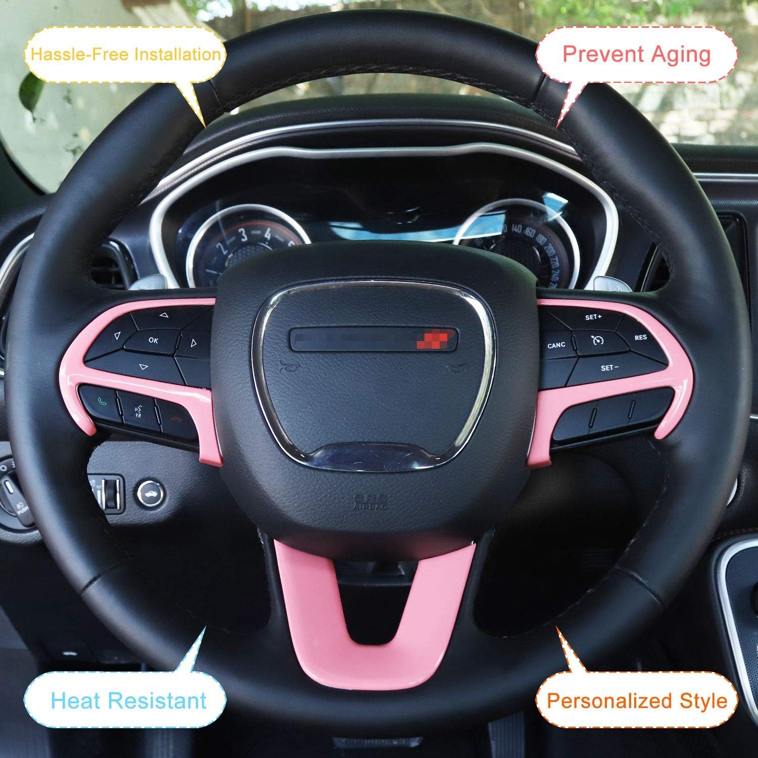 JeCar Steering Wheel Cover Interior Decoration Trim Kits Compatible with Dodge Challenger/Charger 2015-2023/Durango 2014-2020 & Grand Cherokee 2014-2019 SRT8, Pink
