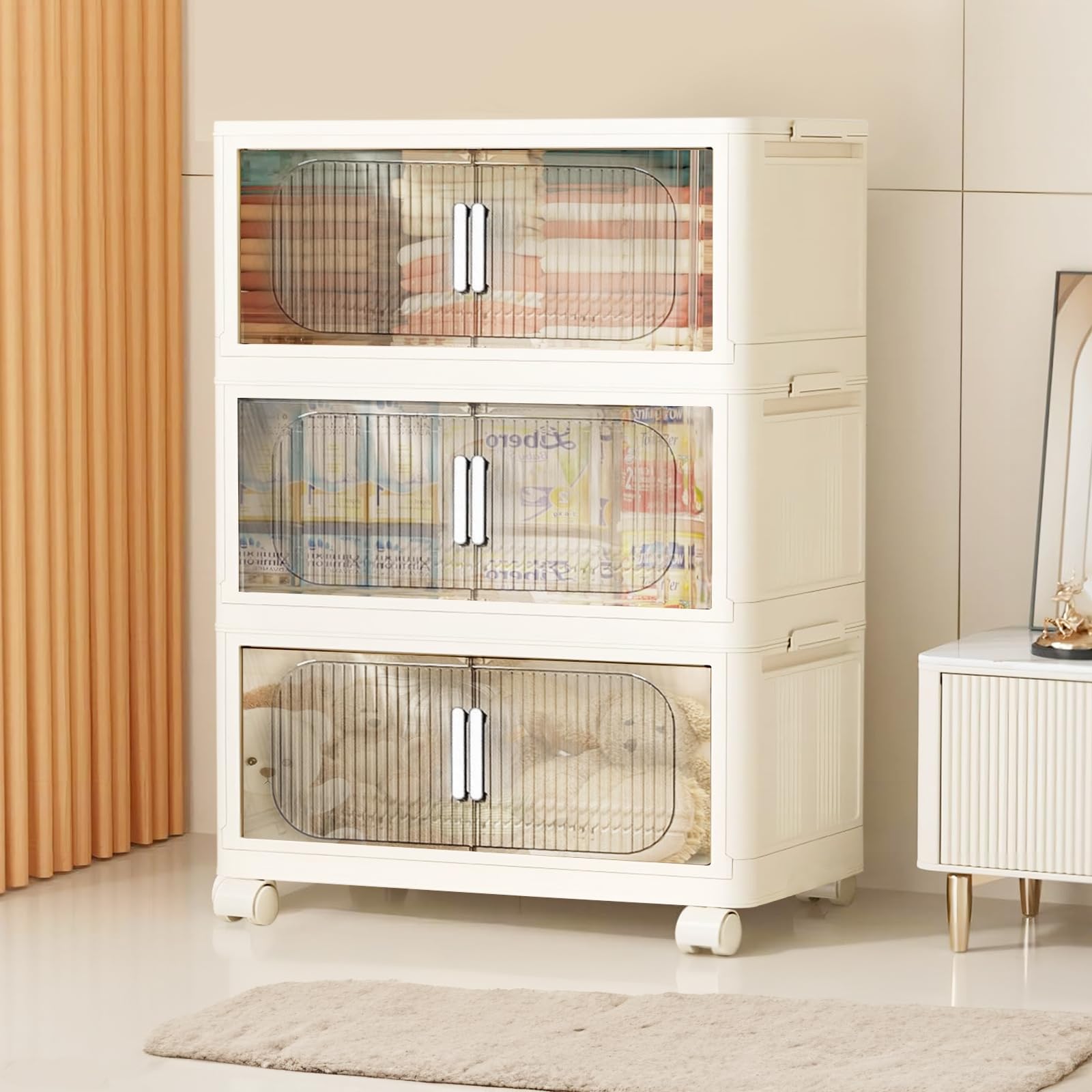 Cajas de Almacenamiento 3pcs,Plegable,con Ruedas Silenciosas y Manijas,66 * 40 * 27cm,Caja Plástica de Almacenamiento Transparente,Adecuada para Cocina, Baño, Sala de Estar, Picnic