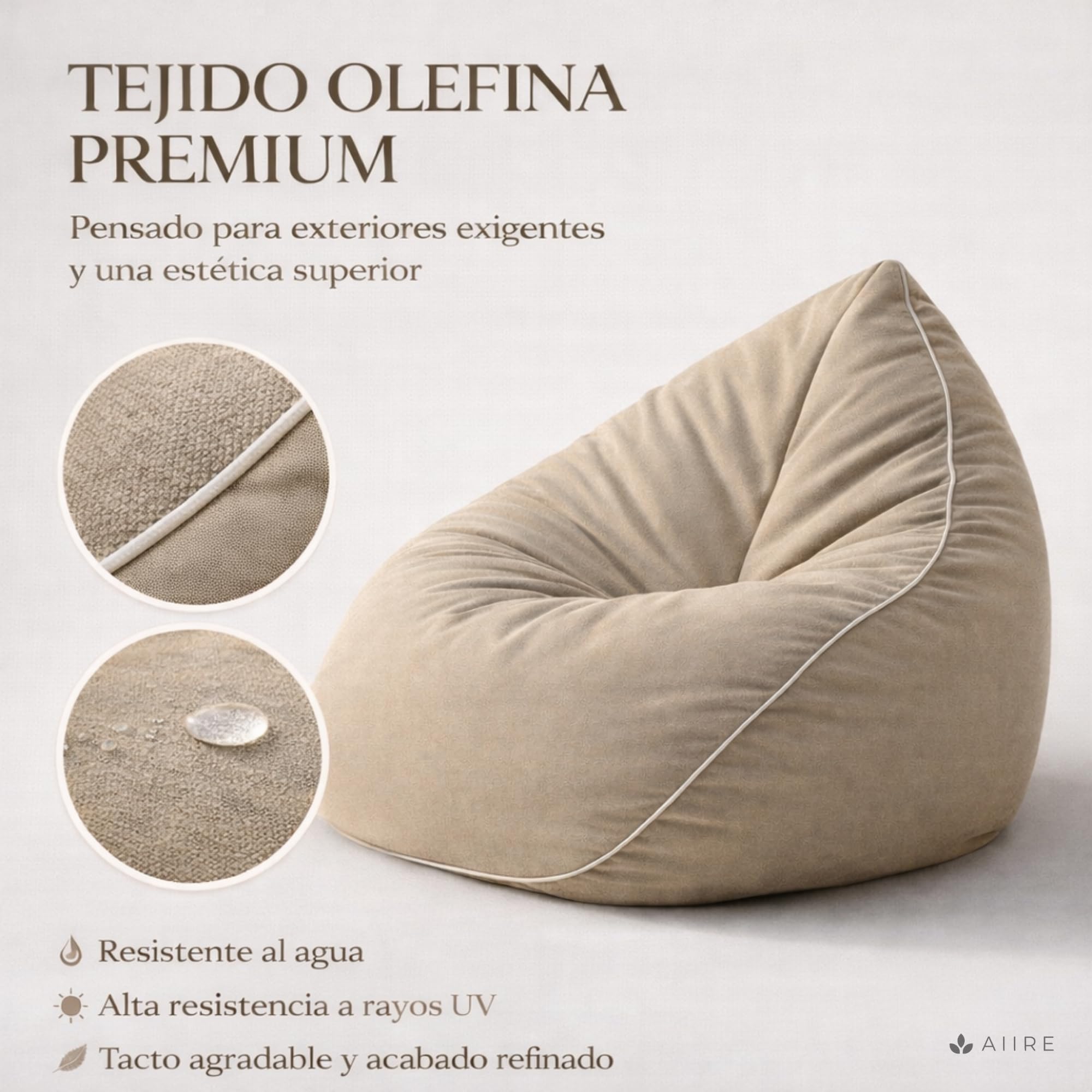 Aiire Puff Exterior Jardín en Olefina - Sofa Puf con Relleno Incluido XXL de Diseño para Terraza, Jardín o Piscina - Bean Bag Chair Salon o Decoracion Habitacion Juvenil Beige [100x100x90]