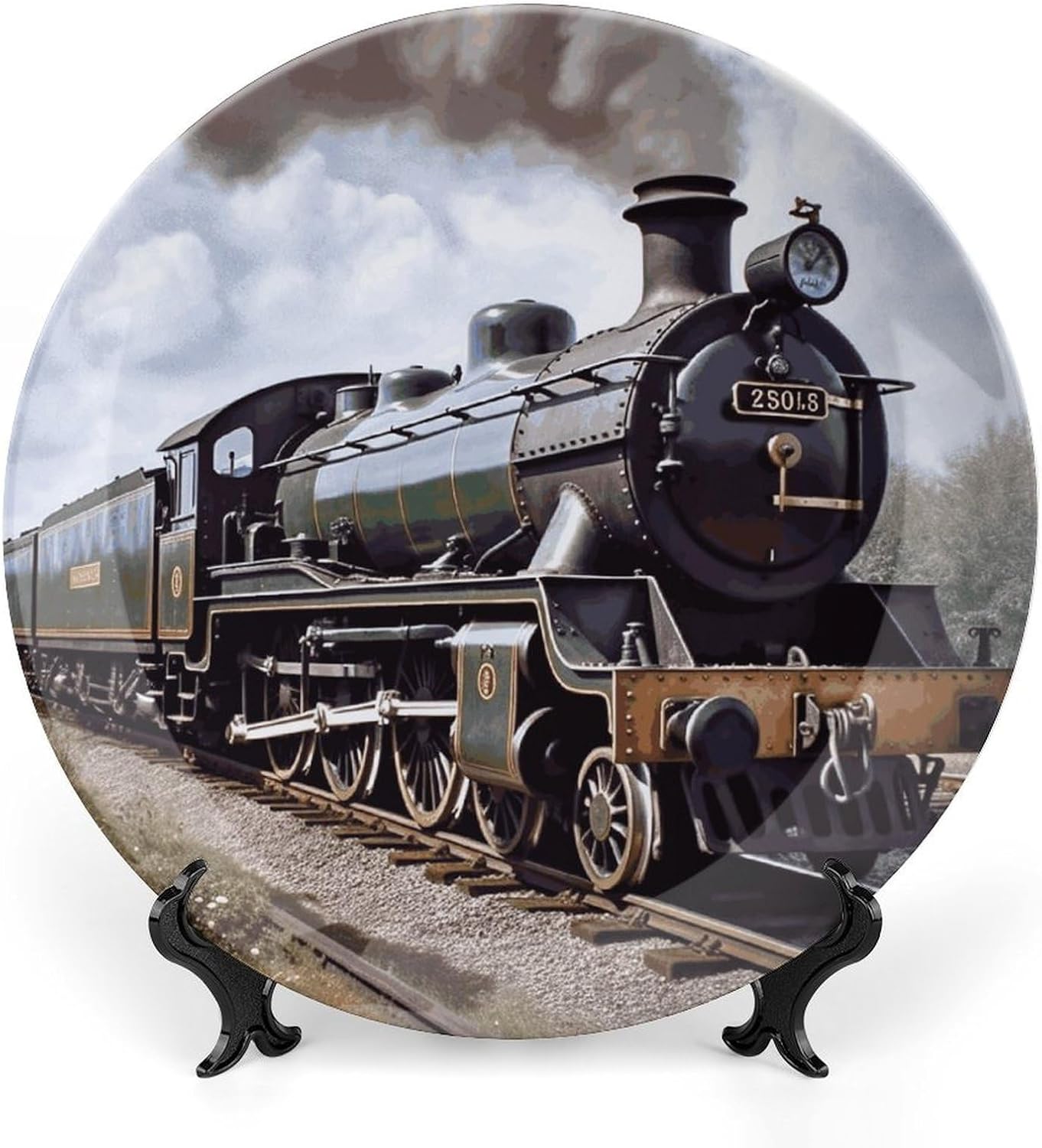 Steam Locomotive Train Bone China Decorative Plate with Display Stand, Ceramic Ornaments Plate for Wall Hanging, Personalized Porcelain Plates for Office, Living Room 8inch