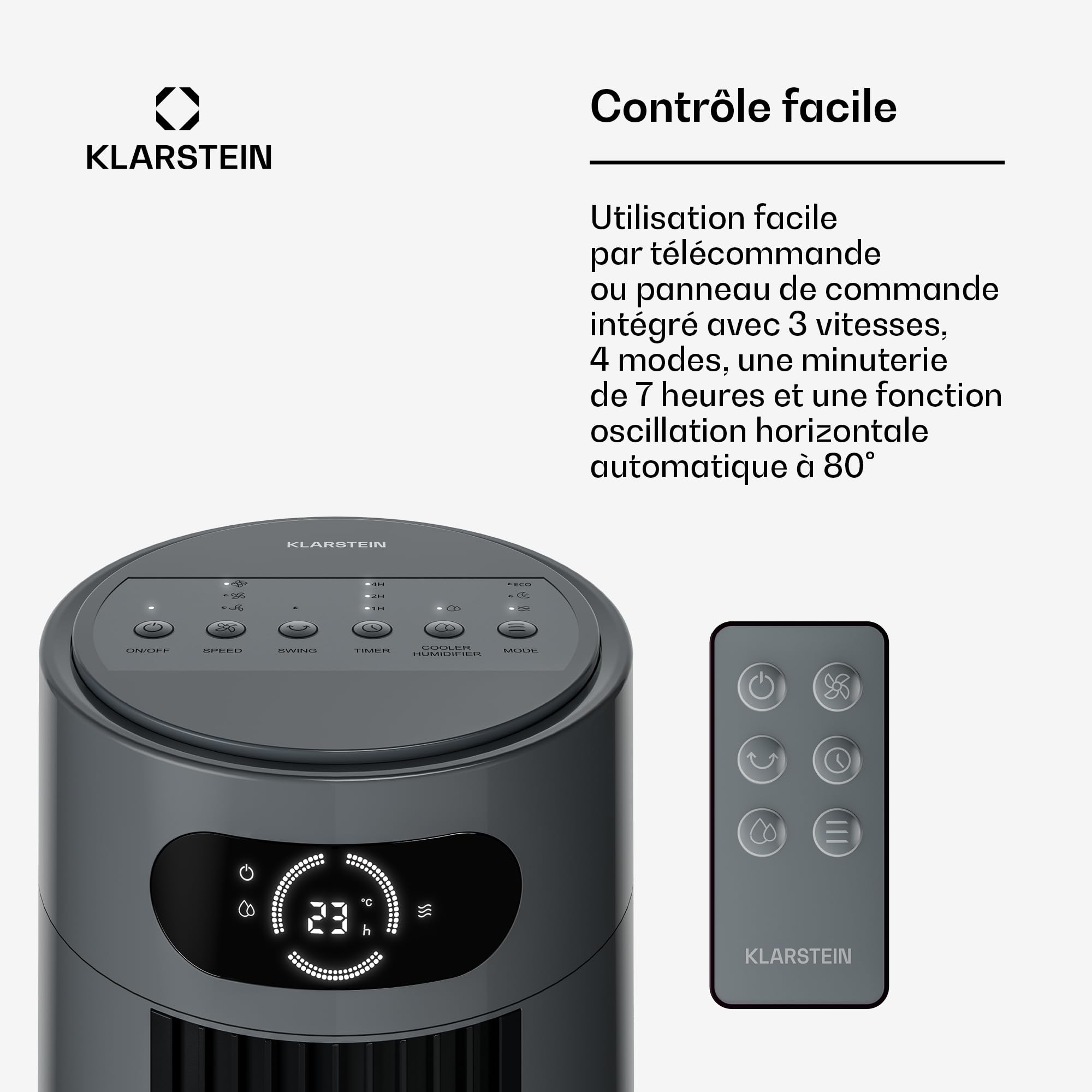 KLARSTEIN Rafraichisseur d’Air, Refroidisseur d’Air Évaporatif, 7L, Télécommande, Minuterie, Mobile, Ventilateur Climatiseur Chambre 20m², Dark Grey