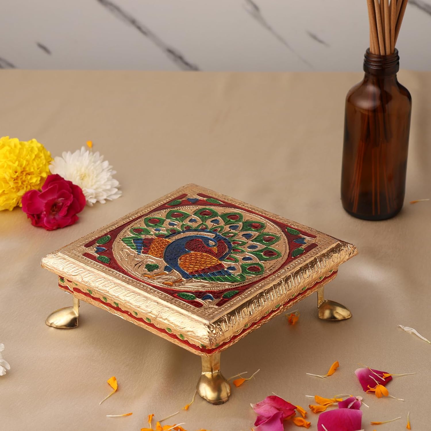 Purpledip Small Wooden Stand Stool Chowki with Exquisite Meenakari Painting for Placing Statues, Idols, 5.5 x 5.5 inch (10204)