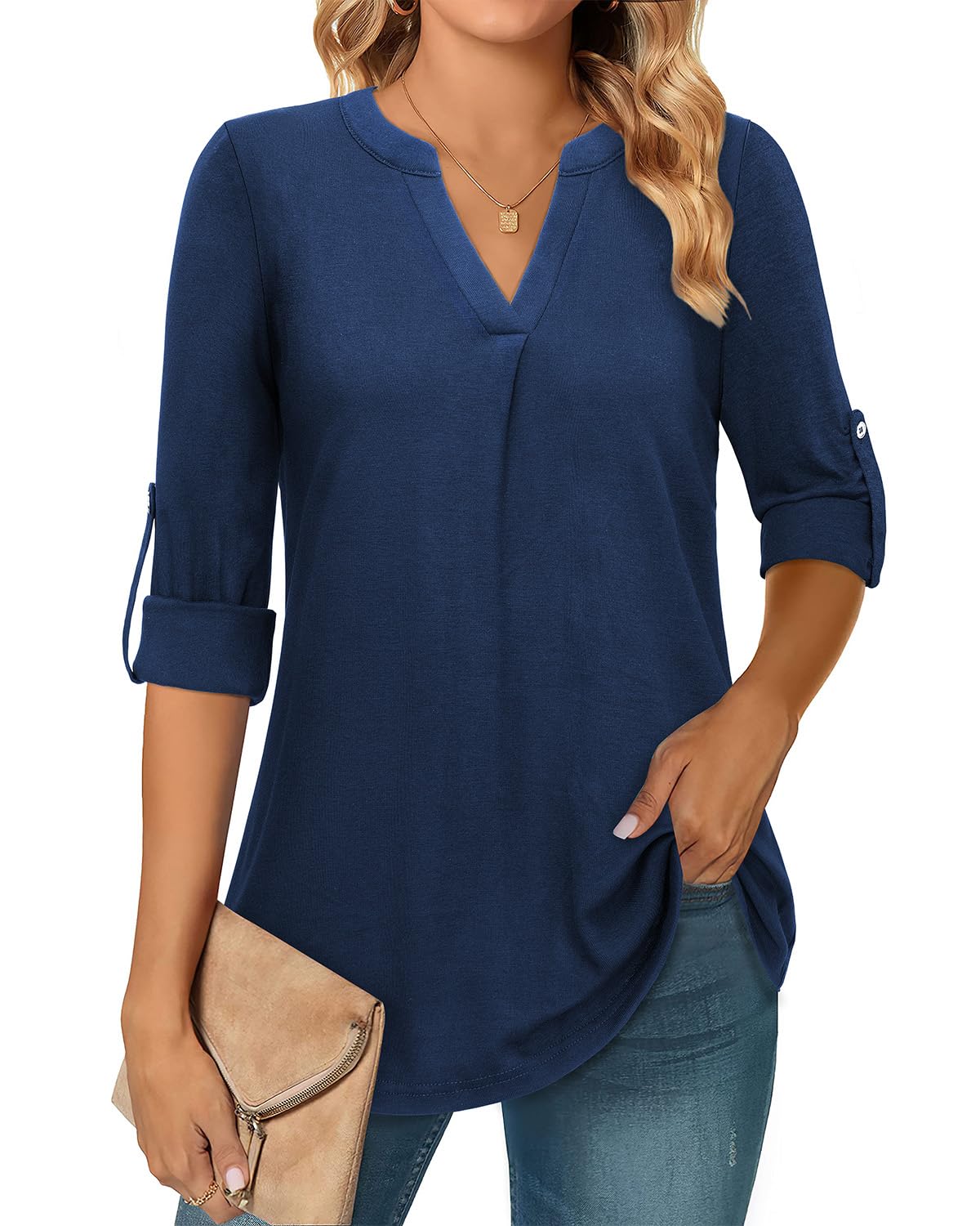 Amrto Longbluse Damen 3/4 Ärmel Bluse V-Ausschnitt Tunika Longshirt Elegant Casual Oberteile Lose Lässig Lange Shirt Outfit für Business Büro