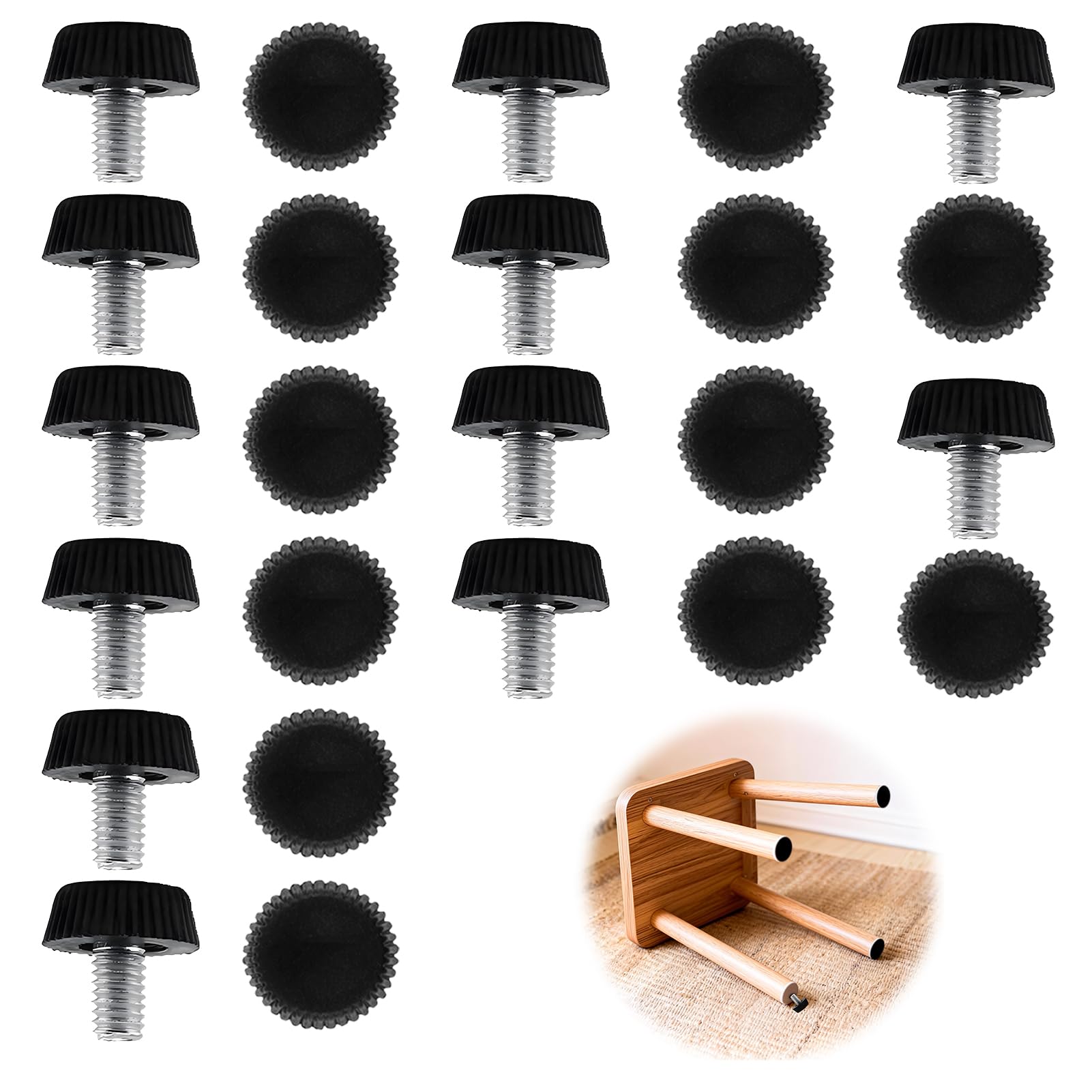 24 piedini regolabili M8, 19 × 22 mm, piedini regolabili in altezza con base antiscivolo, piedini con protezione antiscivolo, piedini a vite per mobili, tavoli, sedie, assorbimento degli urti