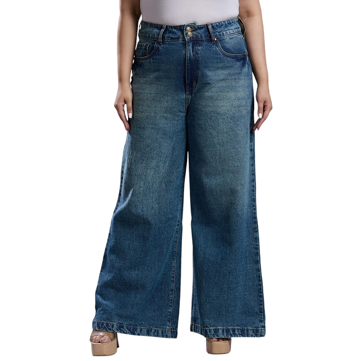 turning blue Women’s High Rise Plus Size Dark Blue Non -Stretch Wide Leg Jeans-picture-44