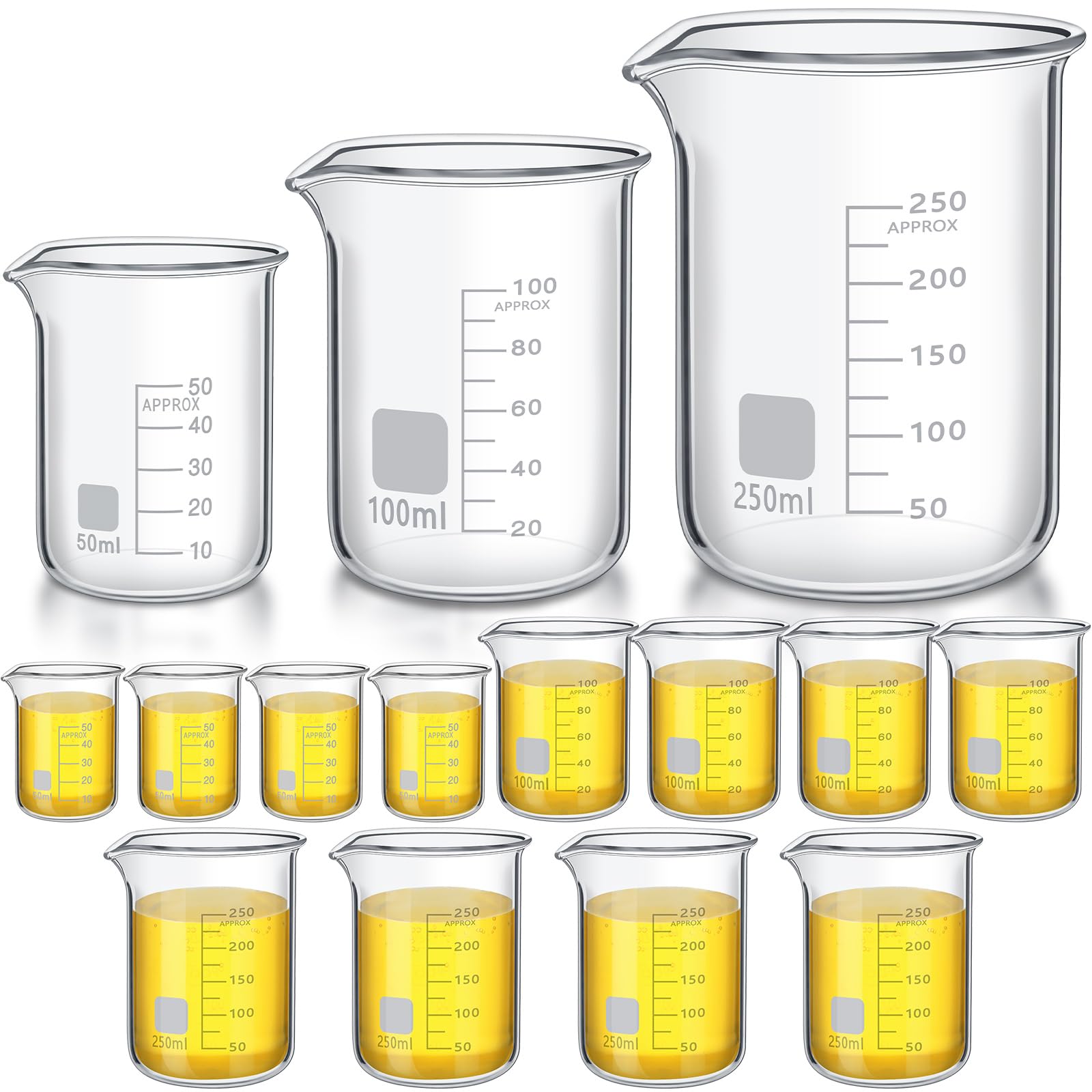 Tanlade 12 becher in vetro resistente, con stampa, in borosilicato, graduazione, per laboratori, aule o casa (50 ml, 100 ml, 250 ml)