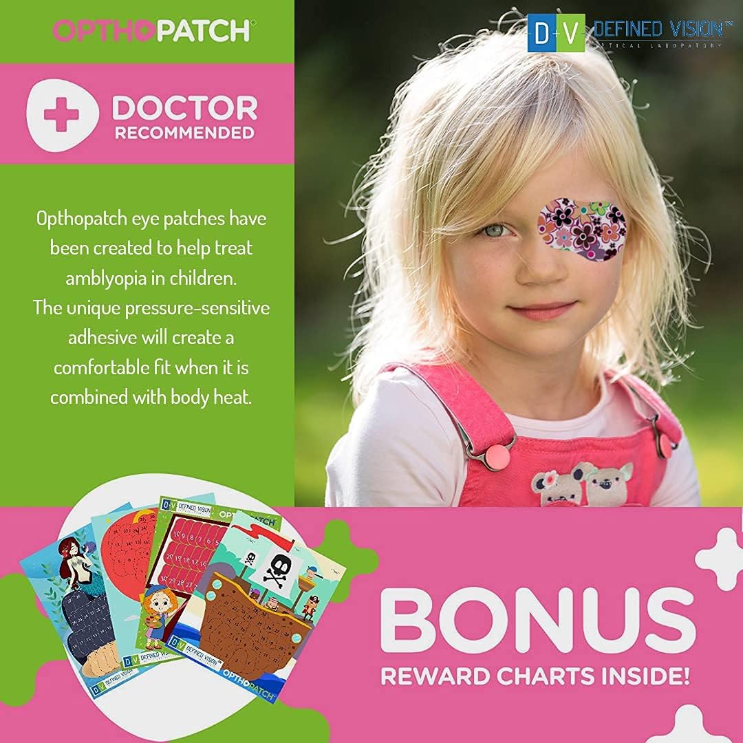 Opthopatch Eye Patches for Kids - Extra Sensitive Adhesive - Girls' Design [Series II] - 100 Count + 3 Reward Charts