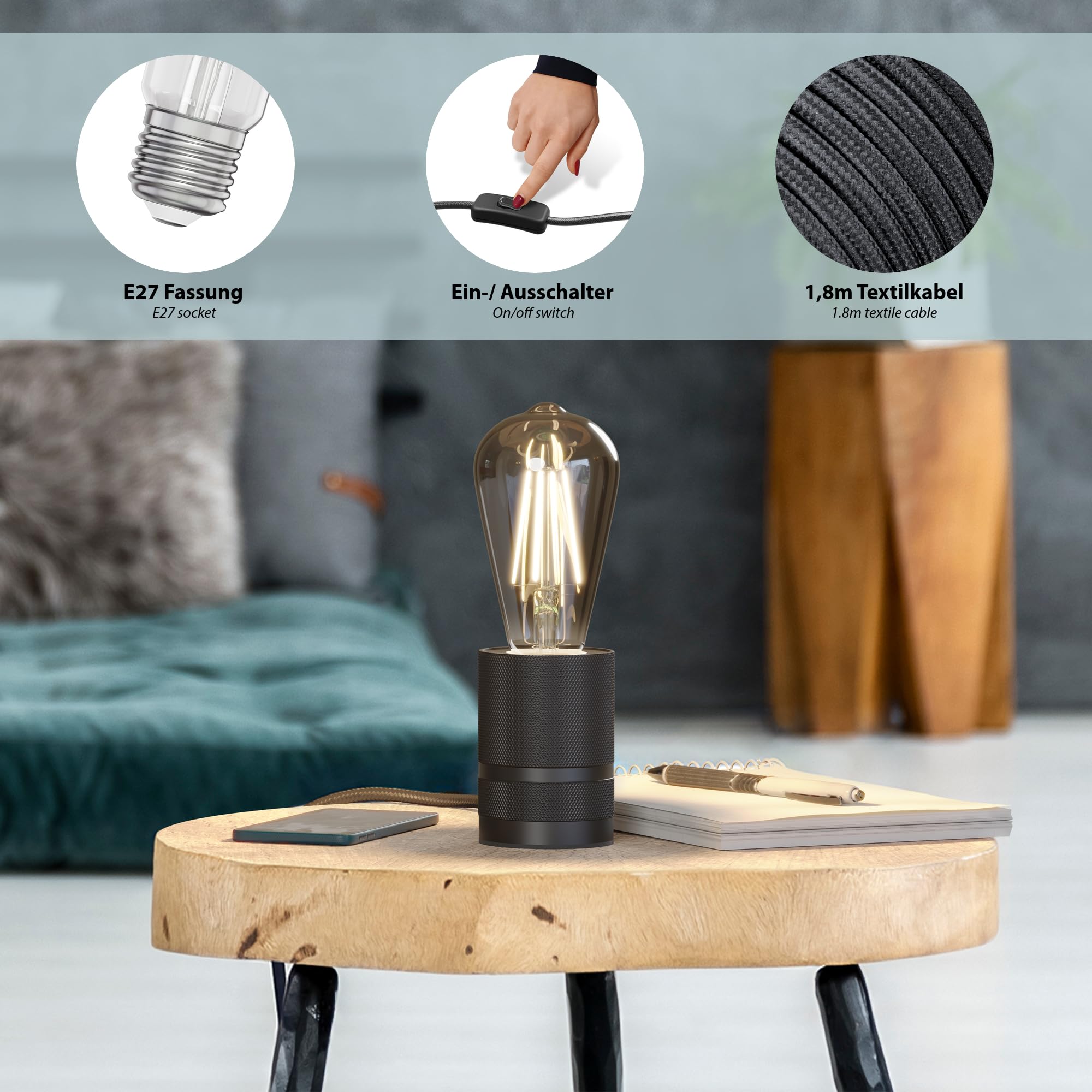 ledscom.de 2x Tischlampe LITO, Schalter, schwarz, inkl. LED Lampe 240lm, extra-warmweiß