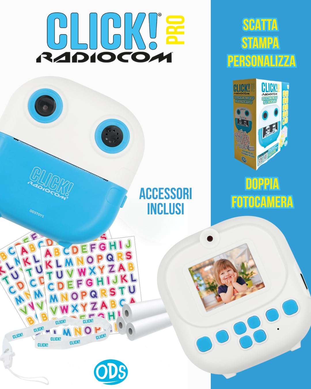 Click! 4 - Fotocamera istantanea per bambini - Doppia fotocamera - Stampa foto e disegni da App - Video 1080p - Zoom 6x - Giochi - MP3 - Display 2" LCD - microSD 4GB - Accessori inclusi