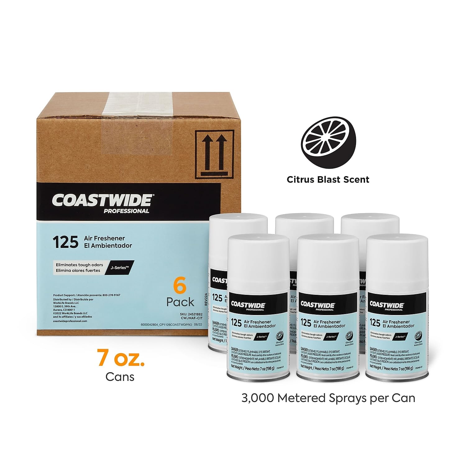 Coastwide Professional Aerosol Air Freshener Refill, Citrus Blast Scent, 7 Oz., 6/Carton (CWJMAF-CIT)