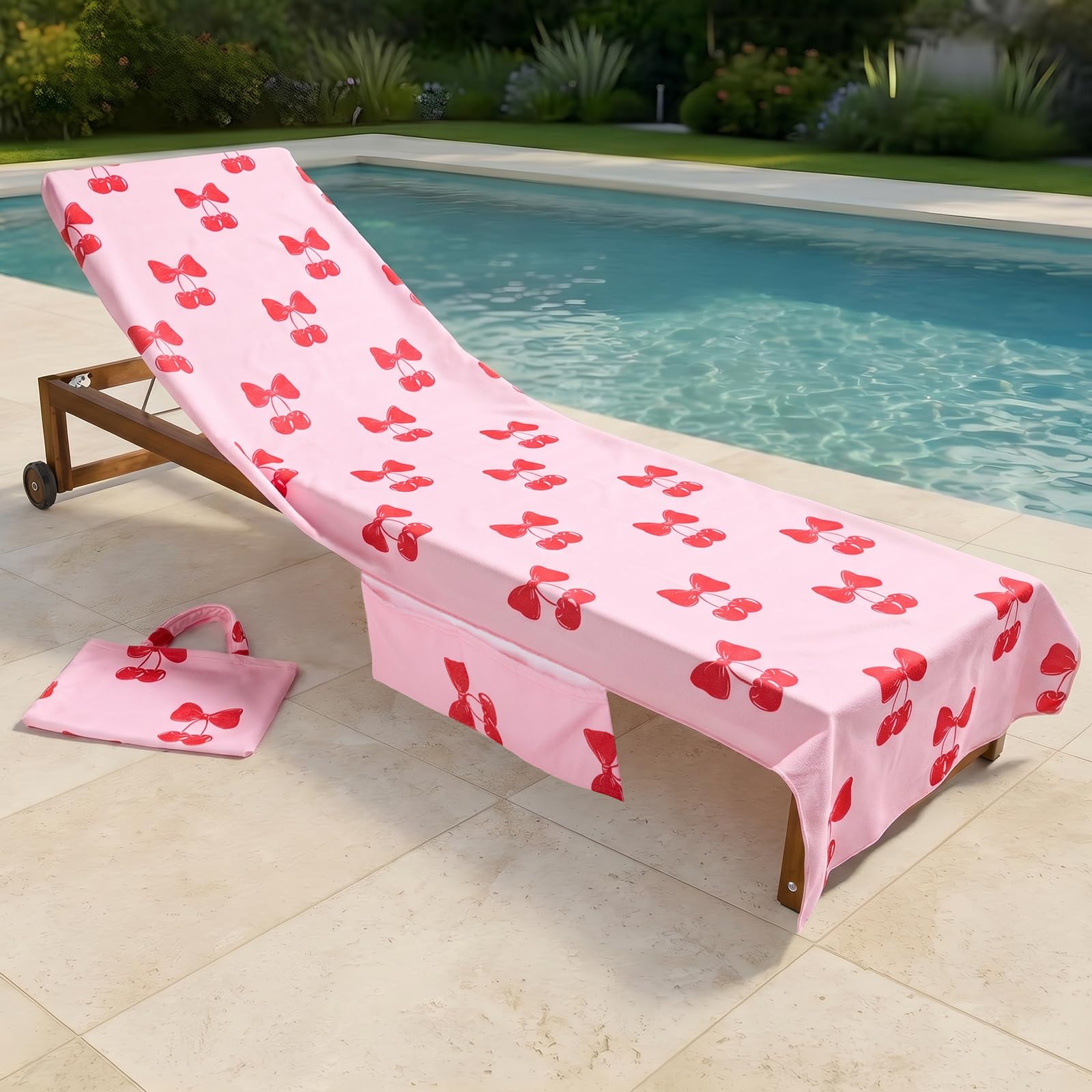OHS Cherry Bow Sunbed Towels with Pockets, Soft Quick-Dry Absorbent Microfibre Large Beach Towel in a Bag Sun Lounger Beach Towels for Adults Summer Holiday Essentials, 75 x 215cm - Pink