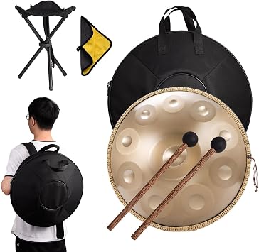 Handpan Drum 432Hz, 9/10/12 Notes 22 Inches Percussion Instrument With Drum Tripod, Steel Handpan Instrument For Meditation Yoga Sound HealingGold,12Notes