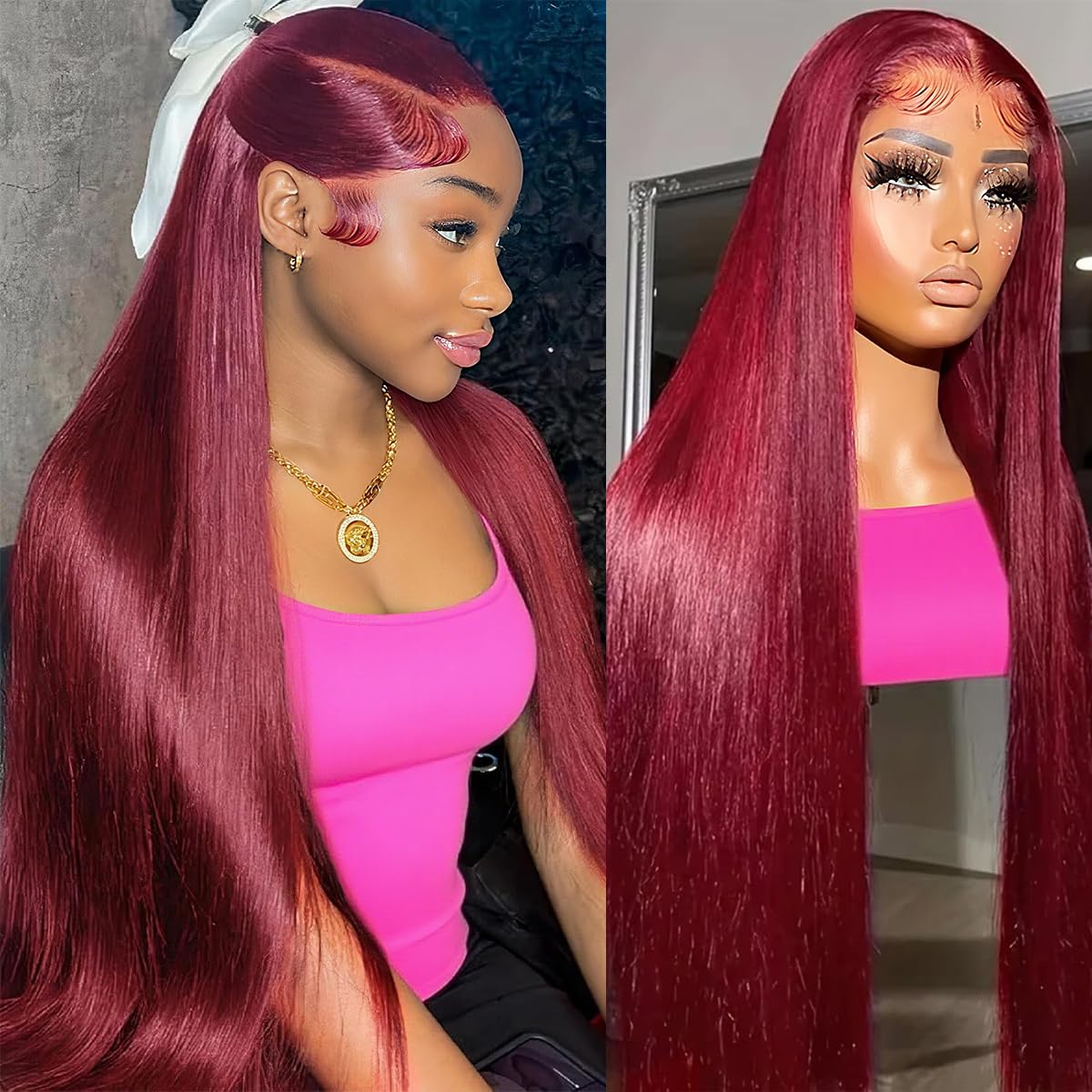 Burgundy Lace Front Wig 20-24 inches!! 24 Inch Red 99J Straight Lace Front Wig Brazilian Virgin  main image 2