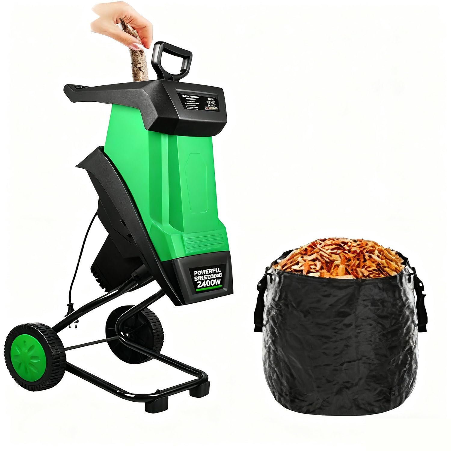 biotrituratore elettrica, incl. Sacco Raccolta 50 l,Pala Alimentazione e Sacco Raccolta,Ruote mobili per Un Facile Trasporto,velocità a Vuoto: 4500 Giri/min, Diametro di Taglio Massimo 39 mm