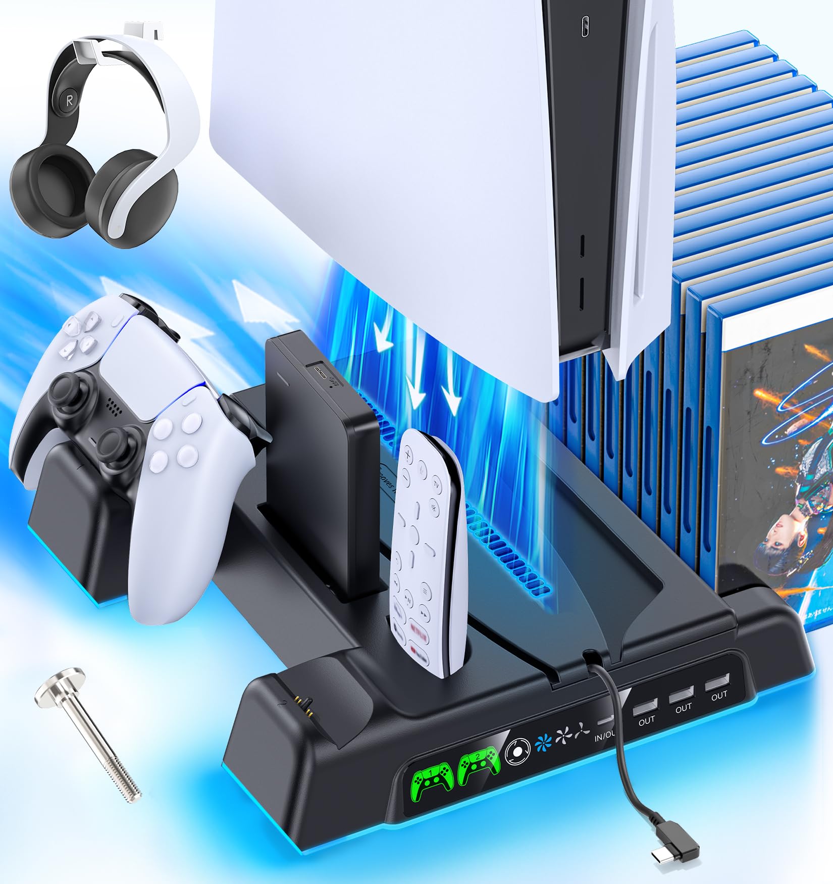 PS5/Slim/Pro Stand and Cooling Station with LED Controller Charging Station for PlayStation 5 Console, Controller Charger, Cooling Stand, PS5/Slim/Pro Accessories Kit with 3 Level Cooling Fan - Black