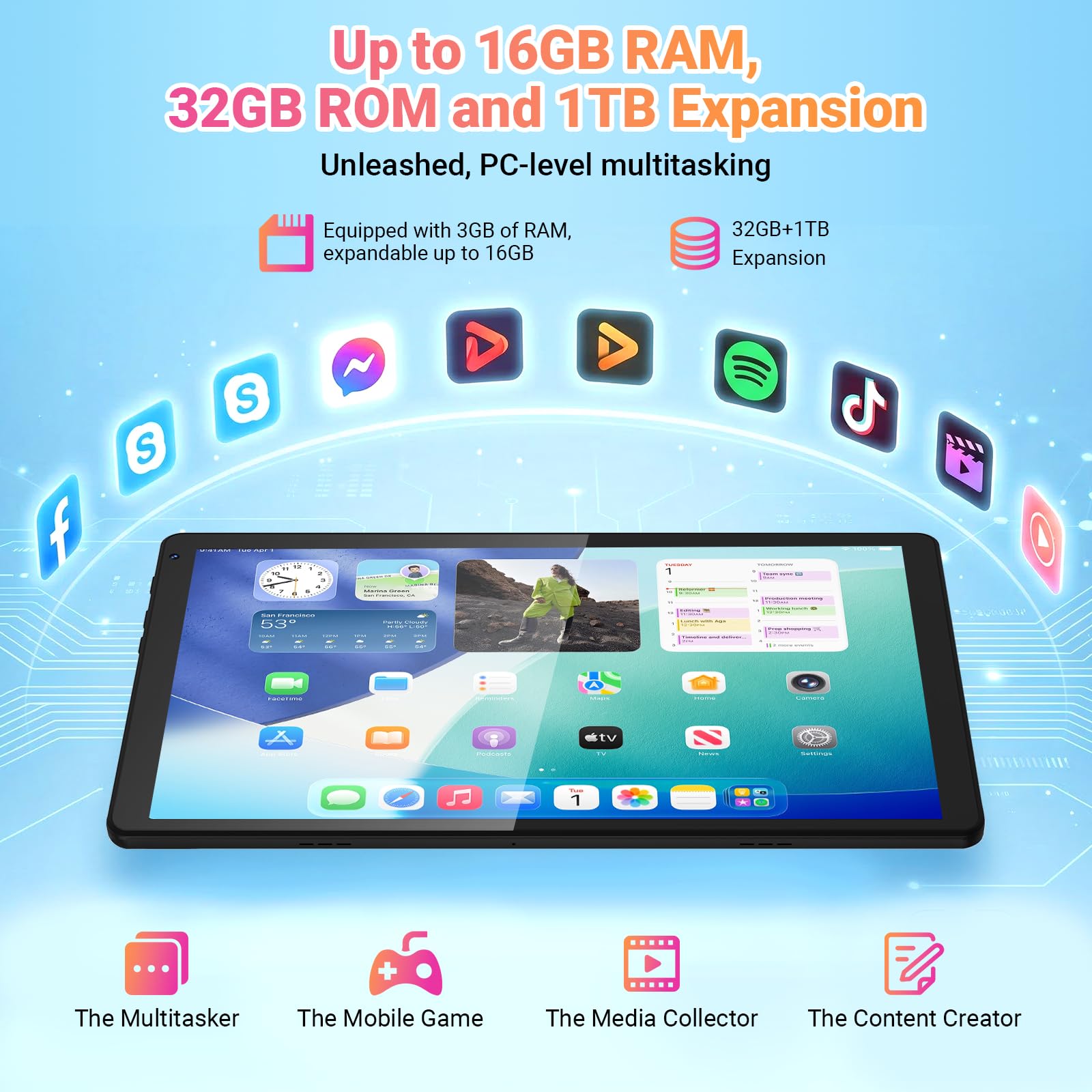 Gleeso Tablet｜Android 16 Tablet 10 Inch｜16GB RAM 1TB TF Android Tablets with Face Unlock｜Widevine L1｜BT 5.4/5G WiFi｜5MP Dual Camera, OTG Tablet PC - Black — view 5