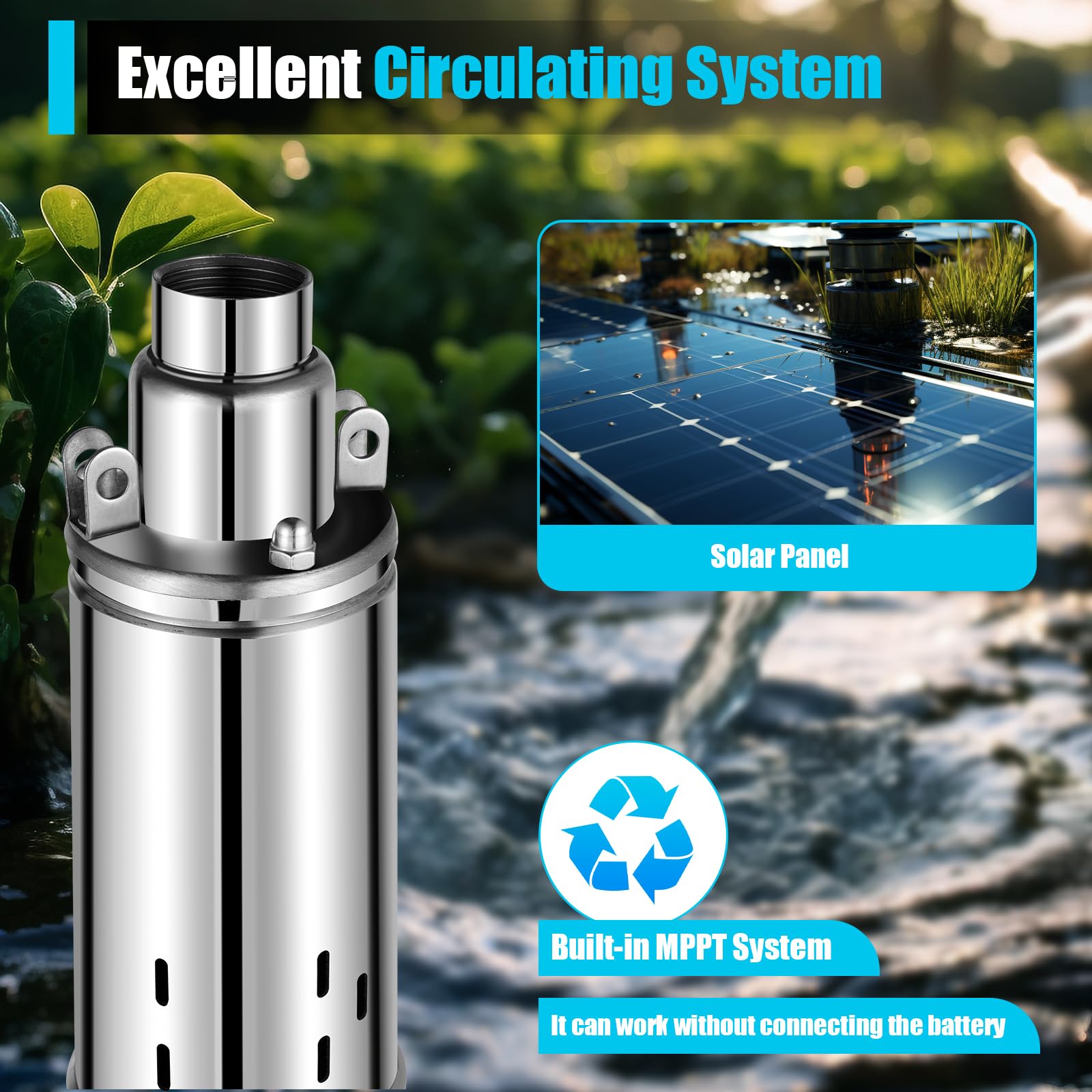Bomba solar para pozos profundos, CC 24 V, bomba solar con carcasa de acero inoxidable, bomba sumergible, altura de elevación máx. 65 m, bomba de agua solar para pozos, riego de granjas, abrevado de