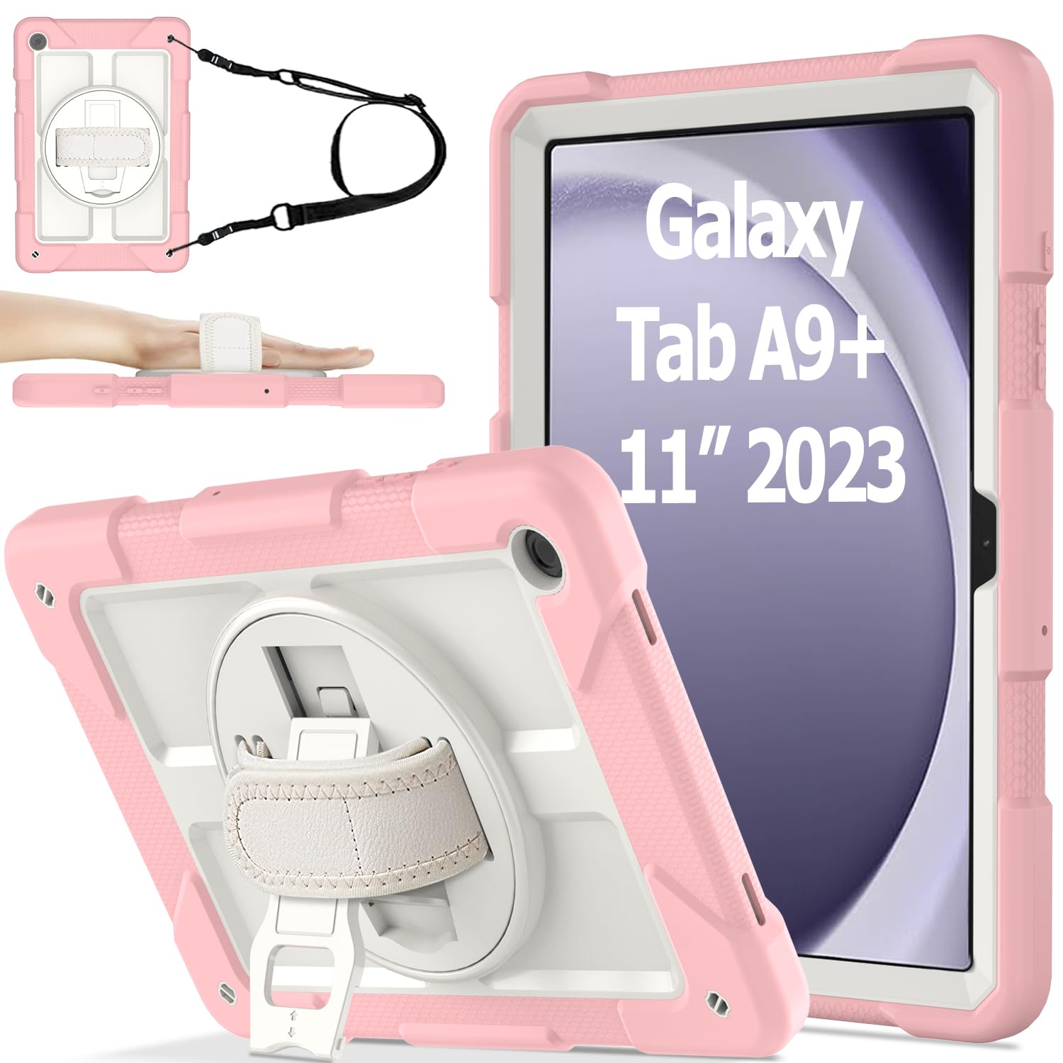 AVAWO Case for Samsung Galaxy A9+ Plus 11 inch 2023 with 360° Swivel Handle Strap Cover with Lanyard, Pink and Beige