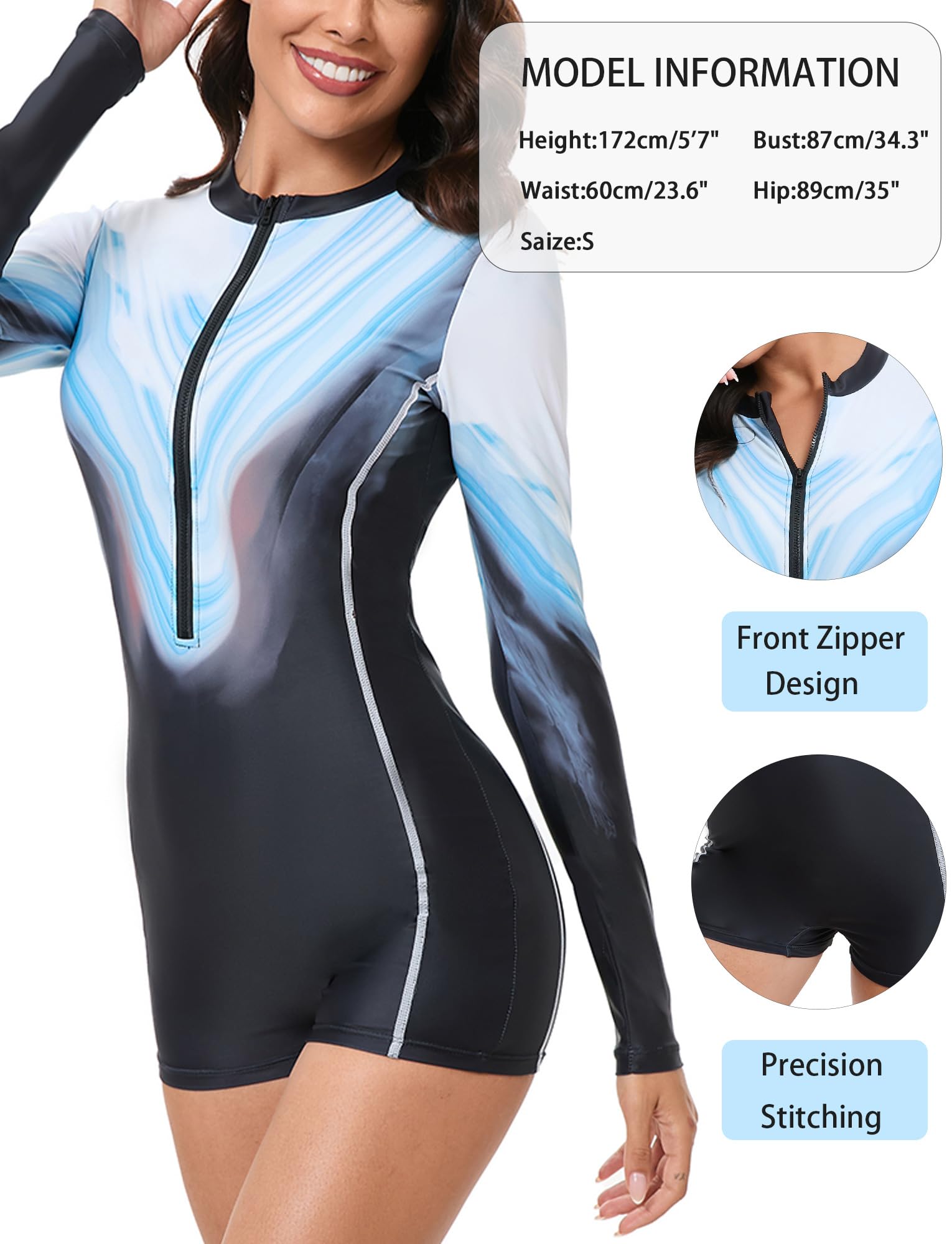 Rashguard Femme Maillot de Bain Femme Une Pièce Surf Plongée Rash Guard UPF 50+ UV Dame Manches Longues Anti-UV Plage S
