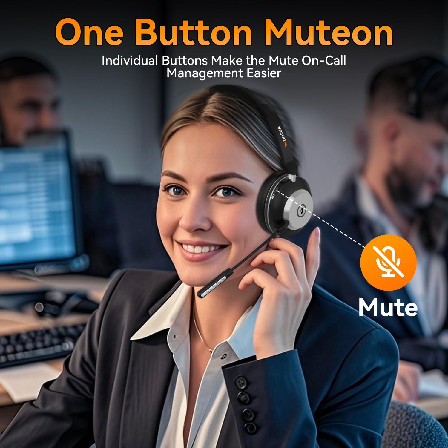 Wantek Bluetooth-Headset mit Mikrofon (EIN-Ohr) für PC, V5.2, Kabelloses Headset mit Rauschunterdrückungs-Mikrofon, USB-Dongle & Ladestation, Stummschalttaste für Arbeit, Handys, Computer