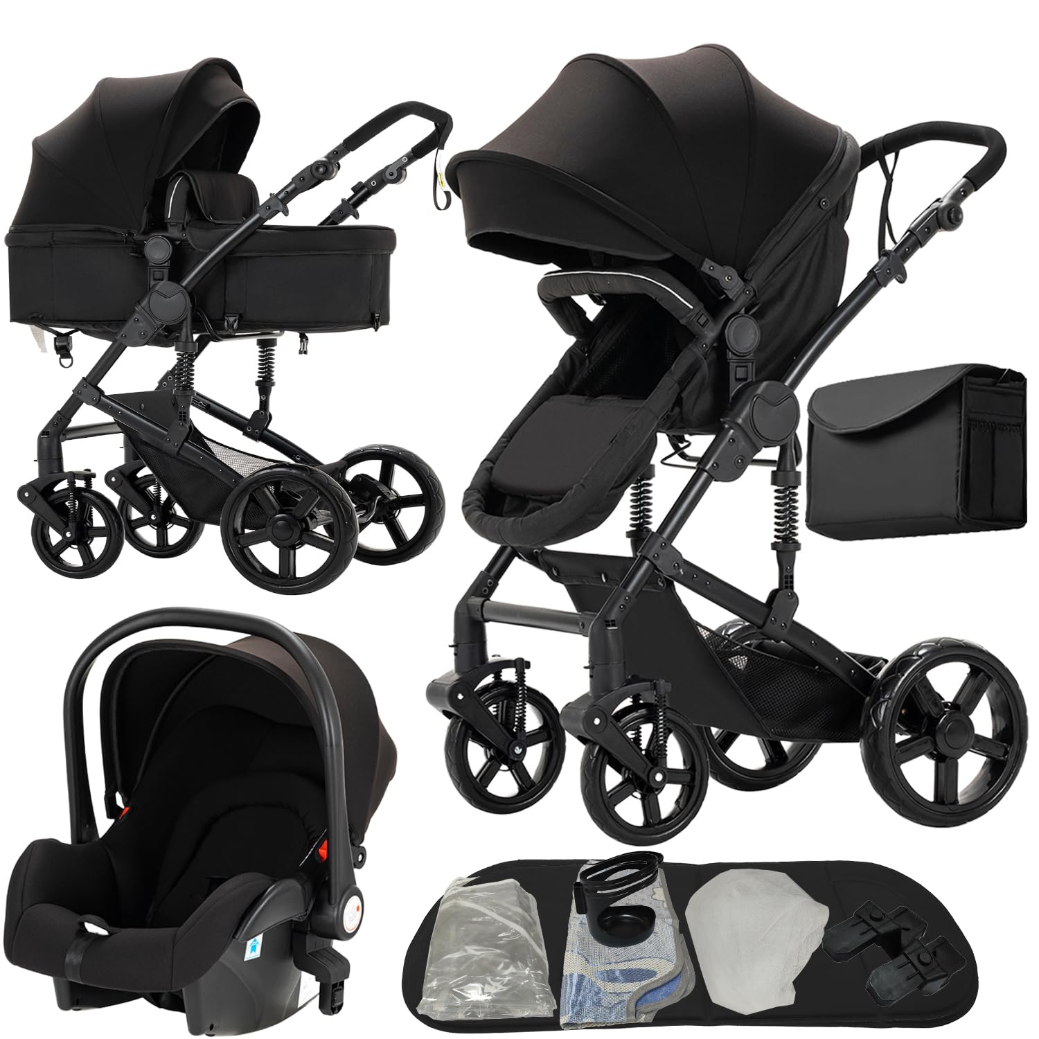 Poussette 3 en 1 avec Double Modes de Poussée Réversibles, Grande Nacelle Confortable, Cadre Aluminium Haute Paysage (588 Black)