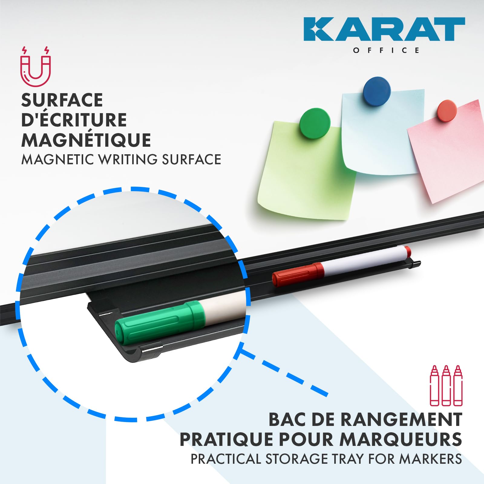 KARAT Tableau Blanc effaçable Onyx - Panneaux Magnétique avec Cadre Noir en Aluminium - Ardoise velleda laqué 80x110 cm - Tableau aimanté Mural résistant aux Rayures - Inclus matériel de Montage