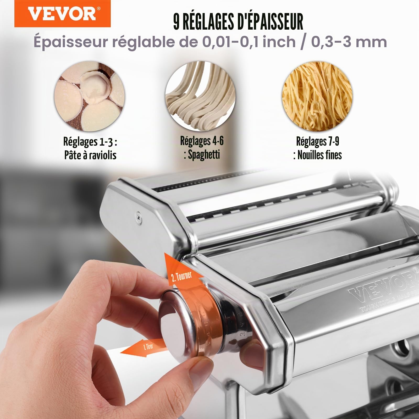 VEVOR Machine à Pâtes Électrique Acier Inox Machine à Pâtes Fraîches Italiennes 9 Épaisseurs 0,3-3 mm Largeur 1,5/6,6 mm 3/45 mm Manivelle Incluse pour Spaghettis Emballages de Boulettes et de Ravioli