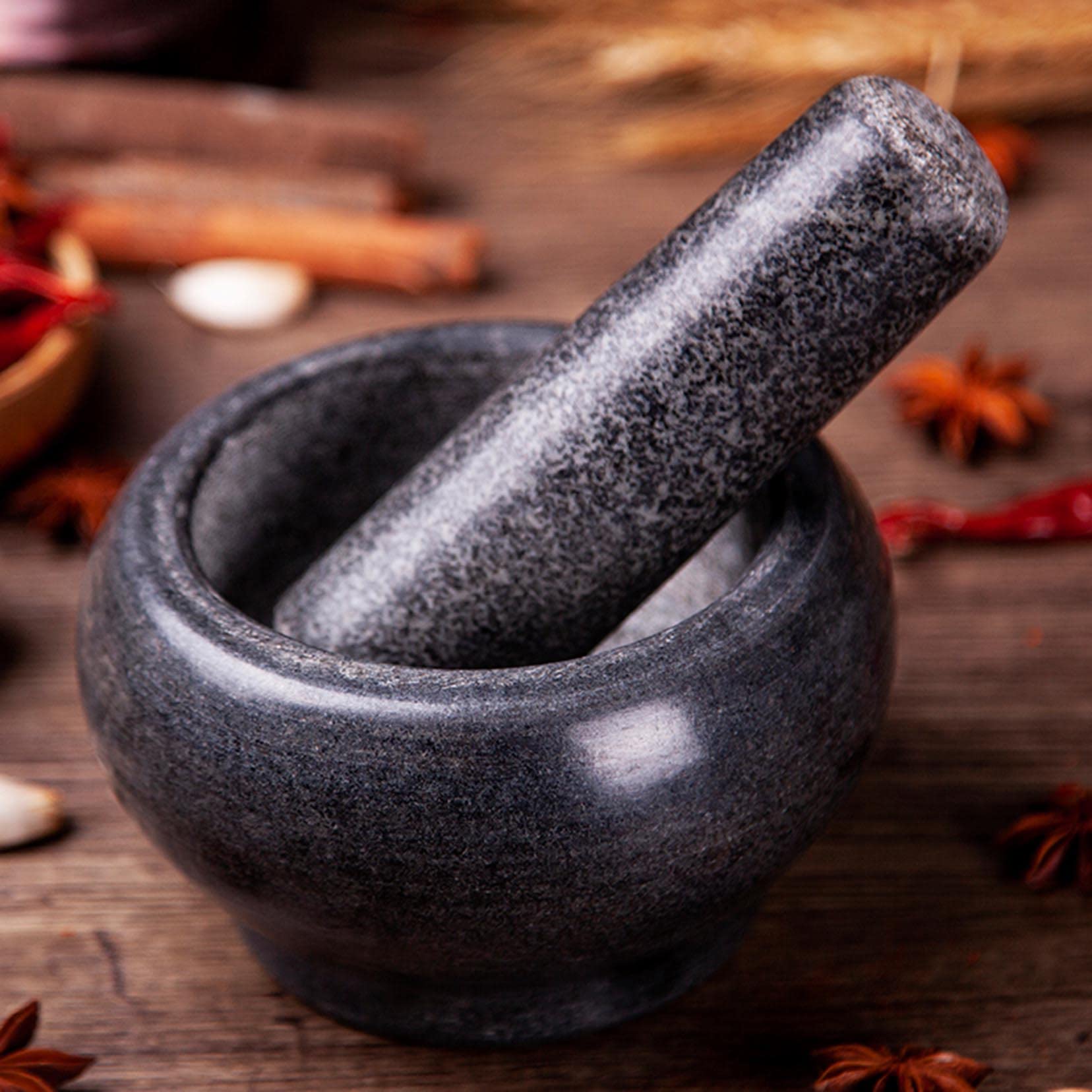 RUHEN Juego de mortero y Maja de Granito, Molinillo Manual, Molinillo de Hierbas y Especias, triturador de Pastillas, mortero y Maja macizos pulidos para moler Hierbas, Especias y Hacer Guacamole