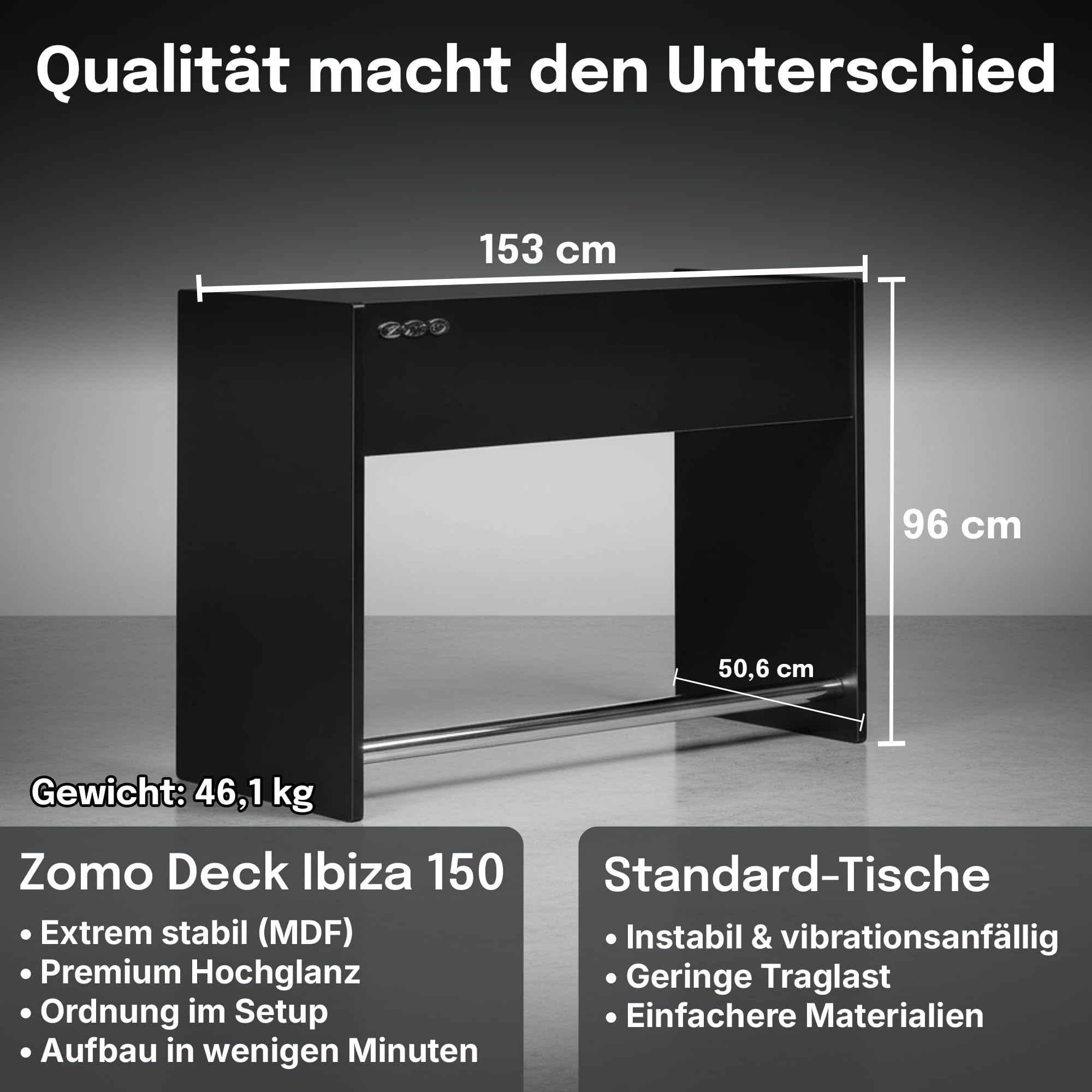 Zomo Deck Stand Ibiza 150 - DJ Tisch 153 x 50,6 x 96 cm - Schwarz - MDF Holz - 46,1 kg - für 2 Decks und einen Mixer bis 19 Zoll
