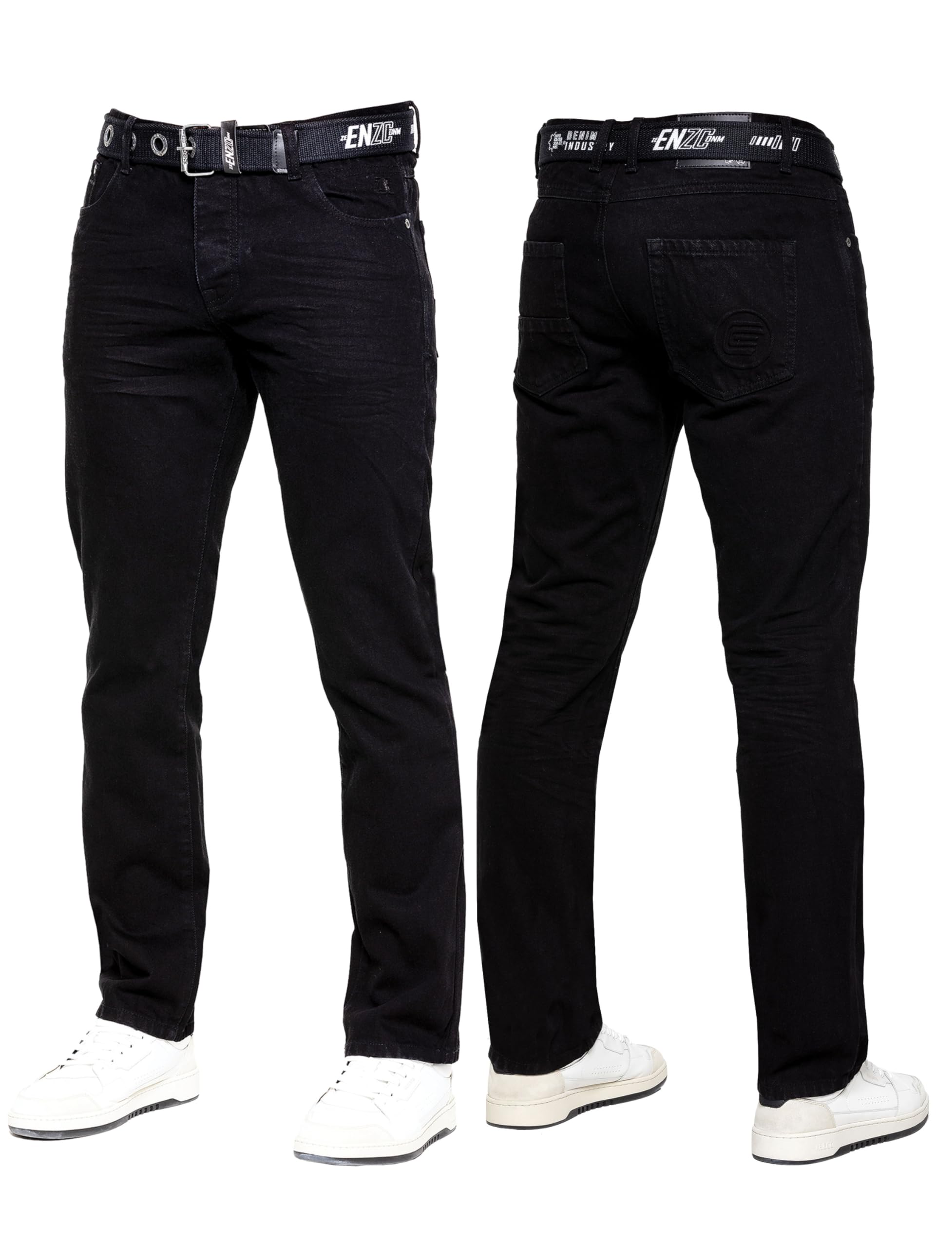 989Zé Enzo Men's Black Jeans Classic Straight Leg Casual Cotton Regular Fit Denim Pants Free Belt Ez384 38W / 34L