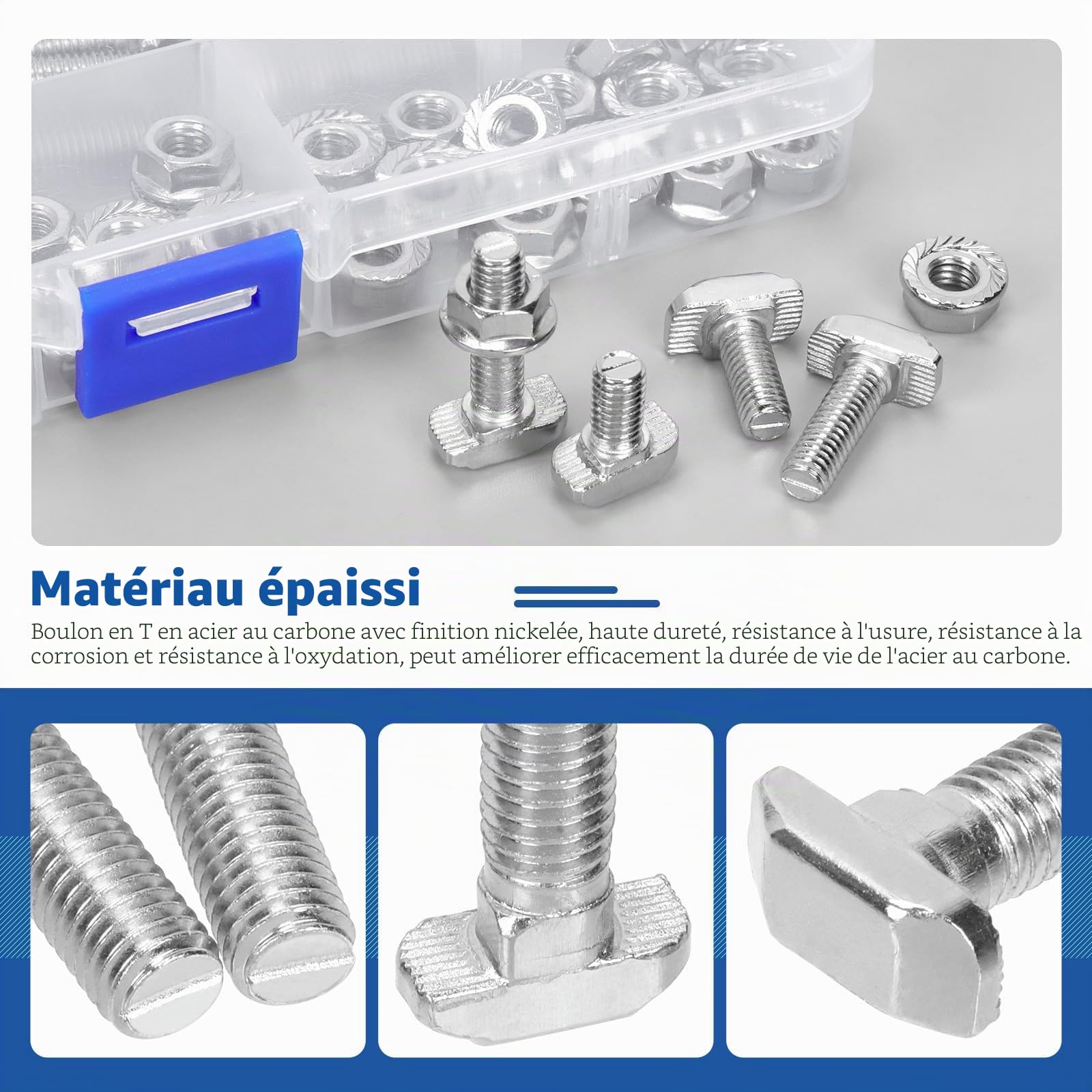 Glarks Lot de 80 boulons M6 en T avec écrou à bride hexagonale, 12/16/20/25 mm, boulon en T à tête de marteau, vis coulissantes en forme de T, goujon à vis en T pour profil en aluminium série 30