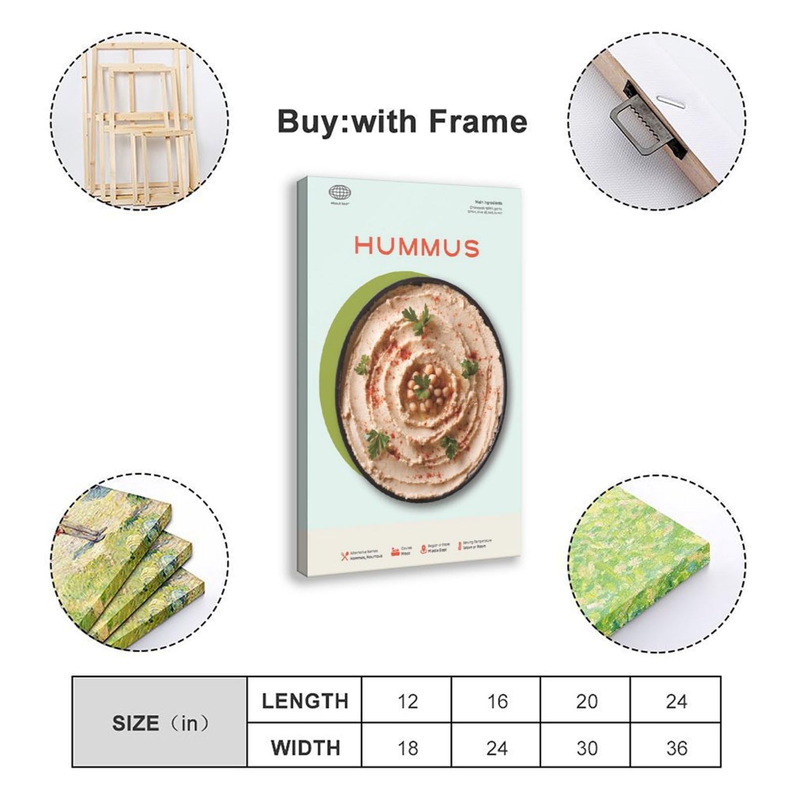 DEZARO Hummus Food-Serie Poster auf Leinwand, Schlafzimmer, Dekoration, Sport, Landschaft, Büro, Raumdekoration, Geschenk, Rahmen-Stil, 50 x 75 cm