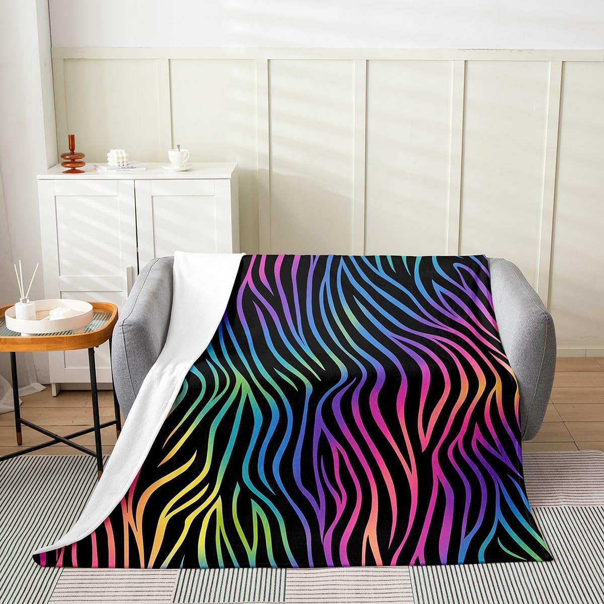 Erosebridal Rainbow Zebra Print Flannel Blanket Queen 90x90 Inch Colorful Geometric Stripe Fleece Blanket Teen Adult Trendy Animal Print Fuzzy Plush Throw Modern Minimalist Aesthetic Decor