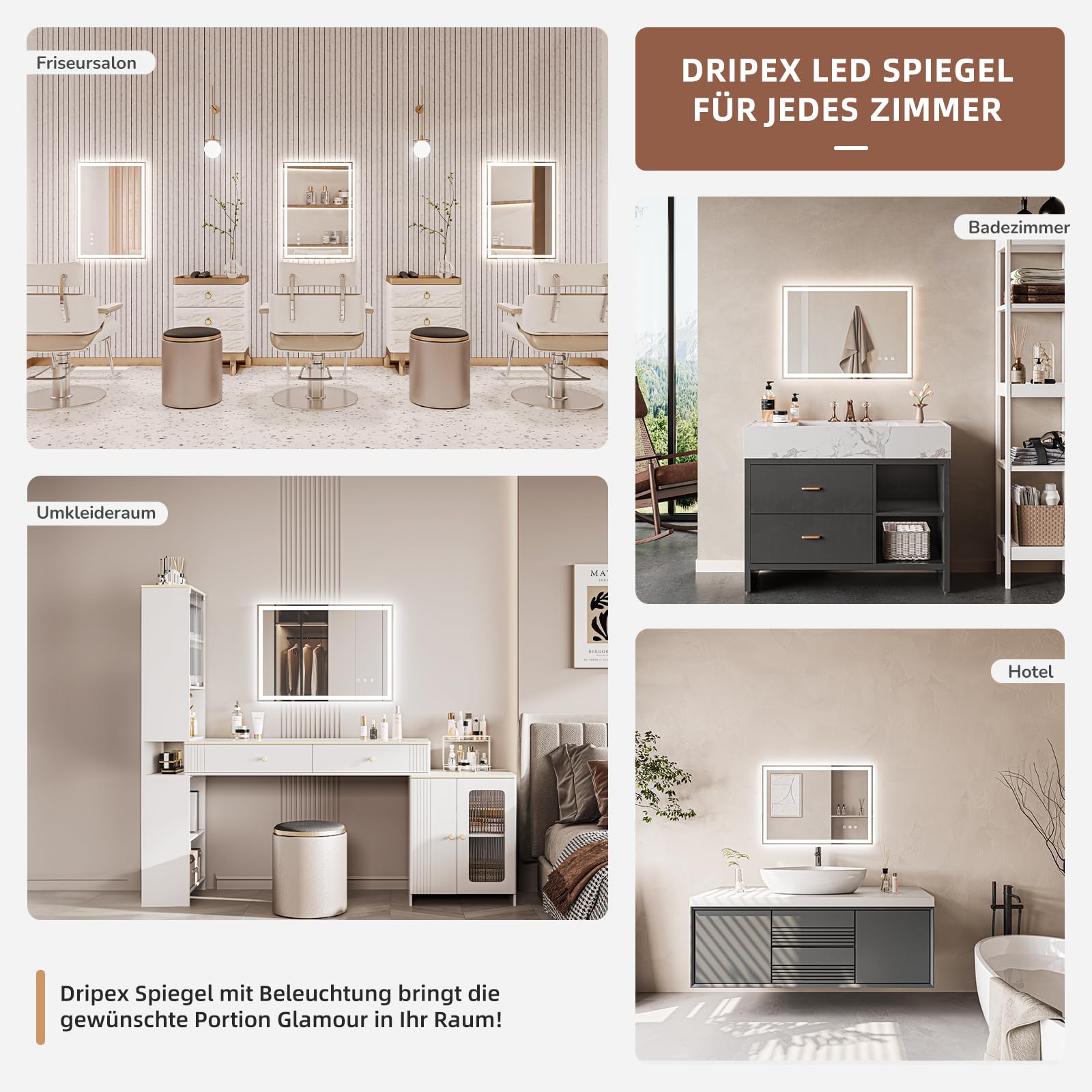 Dripex Espejo de Baño con Luz LED 100 x 80 cm, Interruptor Antivaho Independiente, 3 Temperaturas y Brillo Ajustable, Memoria, con Botón Impermeable Físico - Horizontal/Vertical