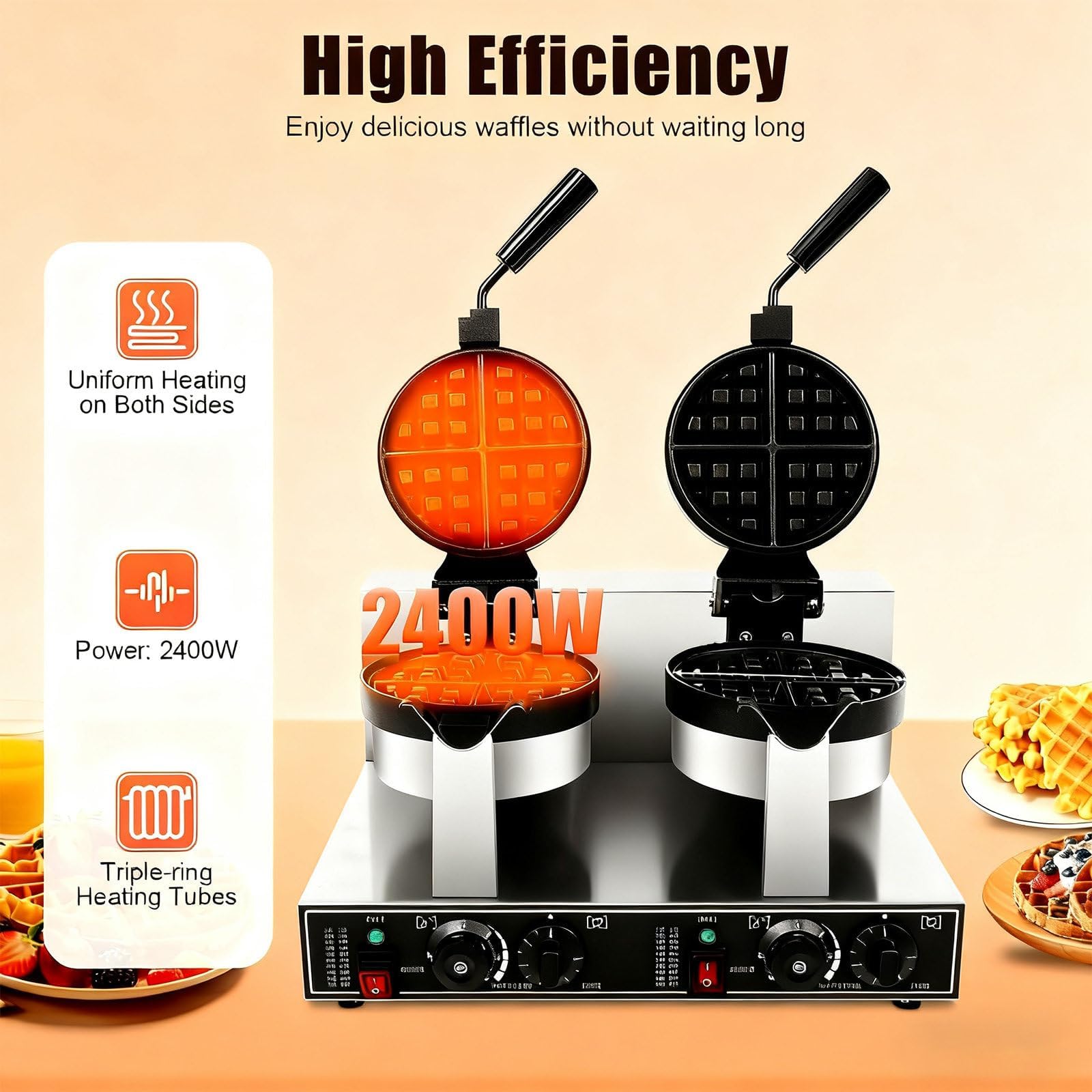 Máquina para hacer gofres giratoria comercial, plancha para gofres antiadherente de doble cabezal de acero inoxidable de 2400 W, gofrera redonda para panadería, restaurante y snack bar