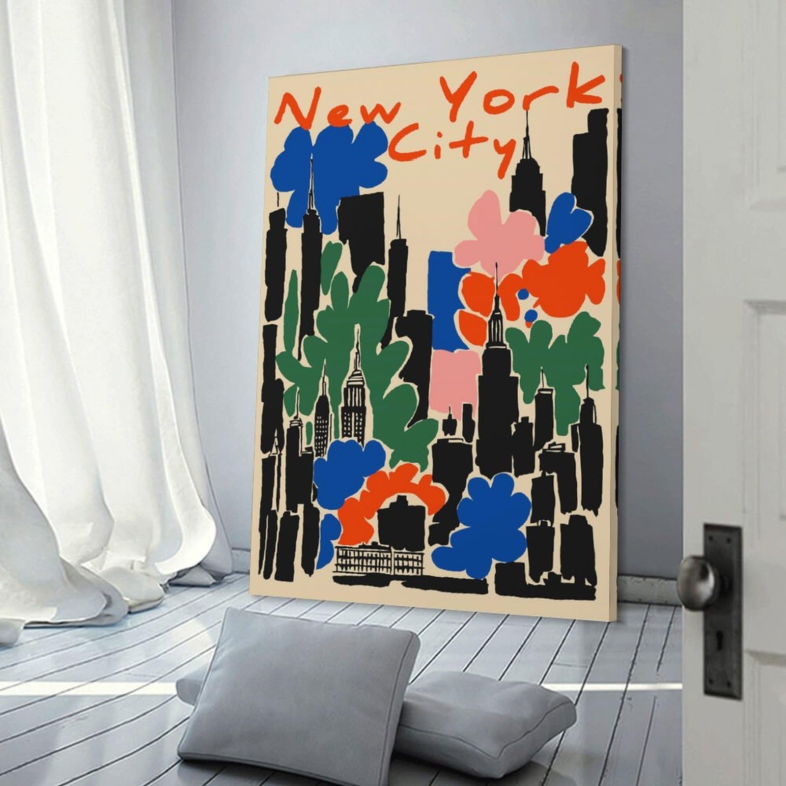 Junmoney Colorful New York City Skyline Illustration Canvas Wall Art, 20x30inch(50x75cm), for Entrance Walls, Hall Decor Or Foyers, Wall Decor to Refresh Empty Corners
