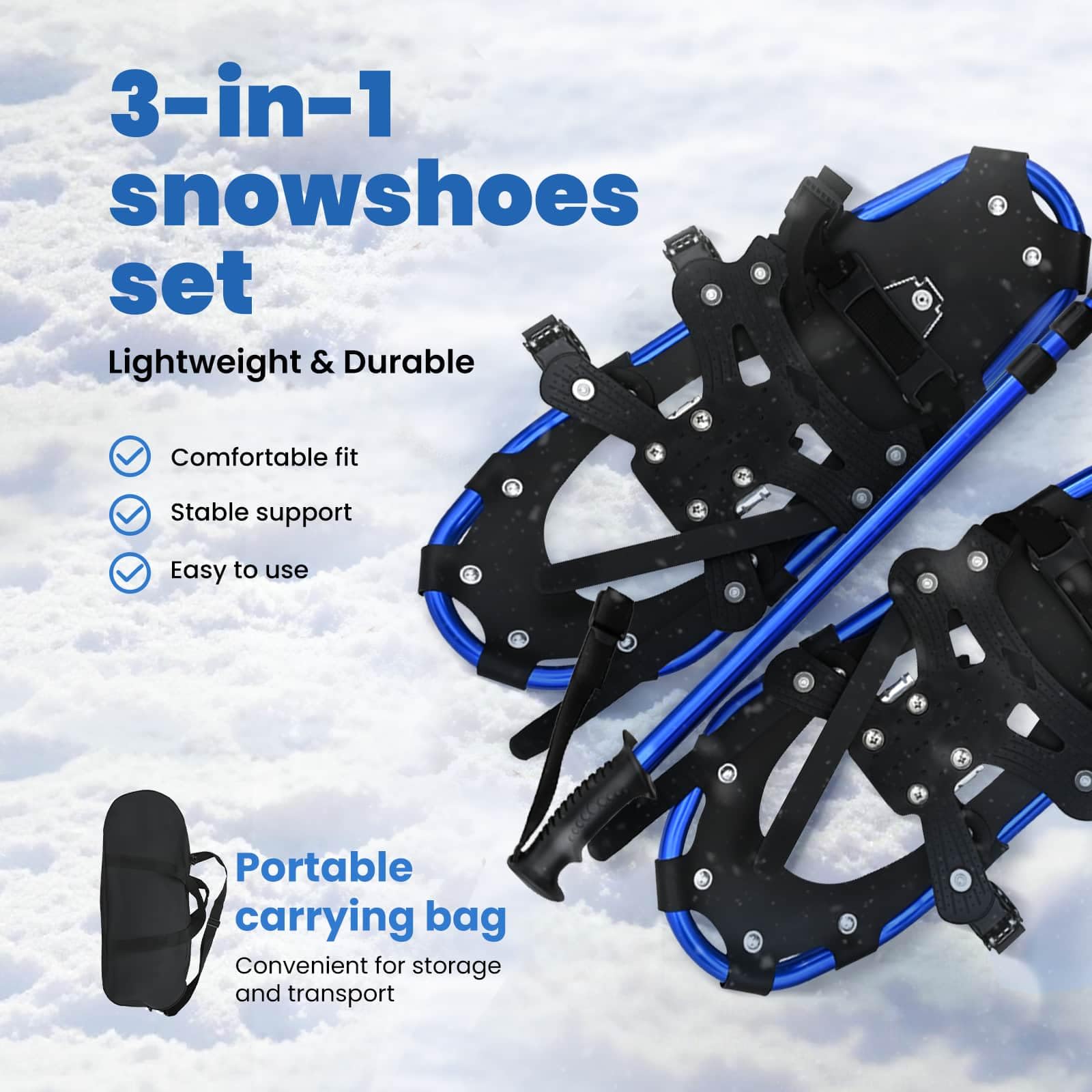 vidaXL Racchette da Neve 3 in 1 con bastoni da Trekking Blu e Nero, Ciaspole in Alluminio per Il Giardino, Attrezzatura Outdoor Regolabile, Accessori Moderni per Camminare sulla Neve