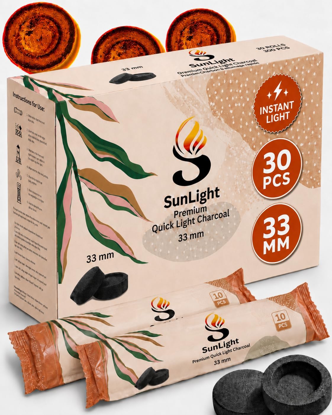 Sunlight Premium Charcoal Tablets for Incense - Instant Light - 30 Discs - 33mm - Resin Burner Rolls - Pack of 30 Coal Briquettes - Instant Fire Coal