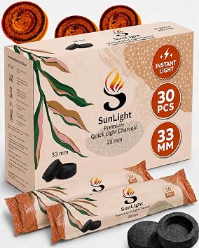 Sunlight Premium Charcoal Tablets for Incense - Instant Light - 30 Discs - 33mm - Resin Burner Rolls - Pack of 30 Coal Briquettes - Instant Fire Coal