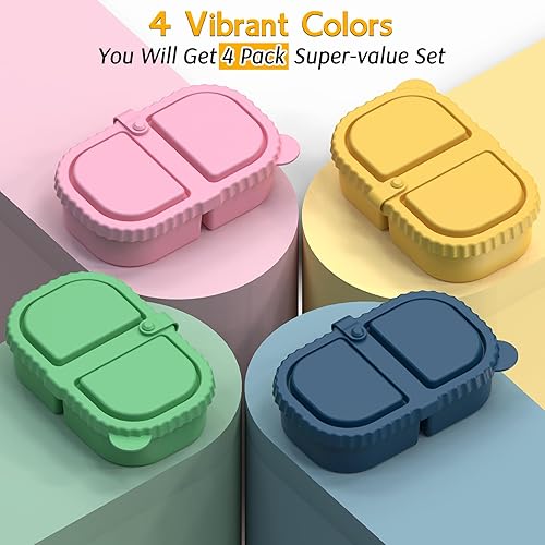 Miniatura 2 de Paquete de 4 recipientes de silicona para aperitivos con tapas, recipientes de doble compartimento para salsa, caja de almacenamiento de alimentos