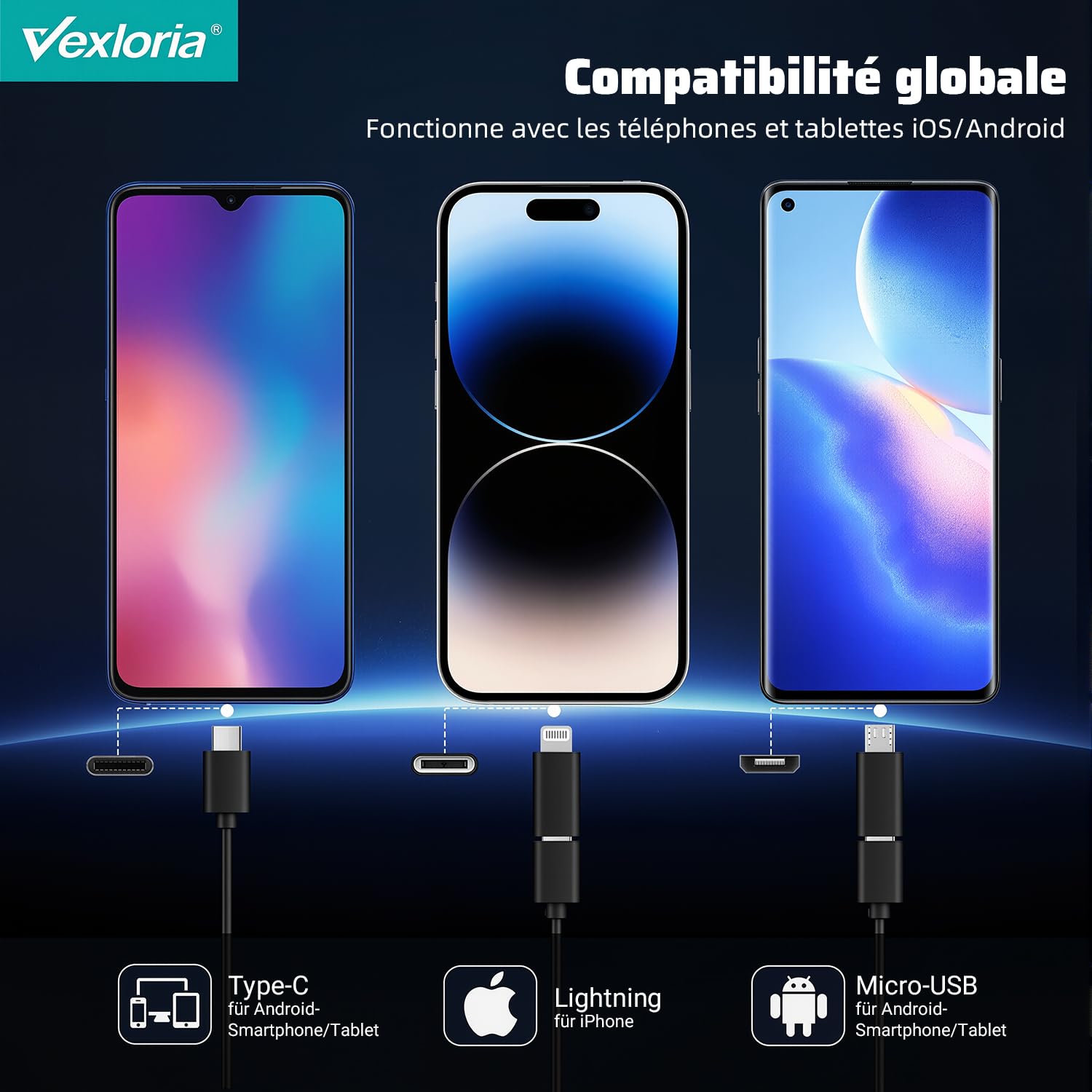 Vexloria Endoscope D'inspection, Camera Endoscopique 1920P HD Serpent Double Objectif, Endoscope Type C, IP68 Etanche Caméra avec 8 Lumières LED pour Smartphone Android et iOS, iPhone, iPad (5 M)